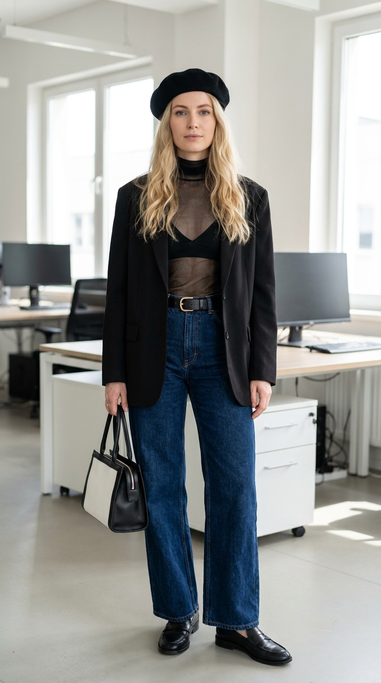 Look da ufficio chic con top trasparente nero, blazer strutturato, jeans dritti, mocassini e basco