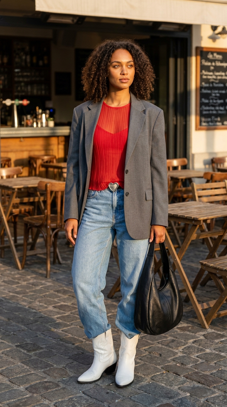 Outfit da città con top trasparente rosso plissettato, blazer grigio oversize, jeans e stivali camperos bianchi