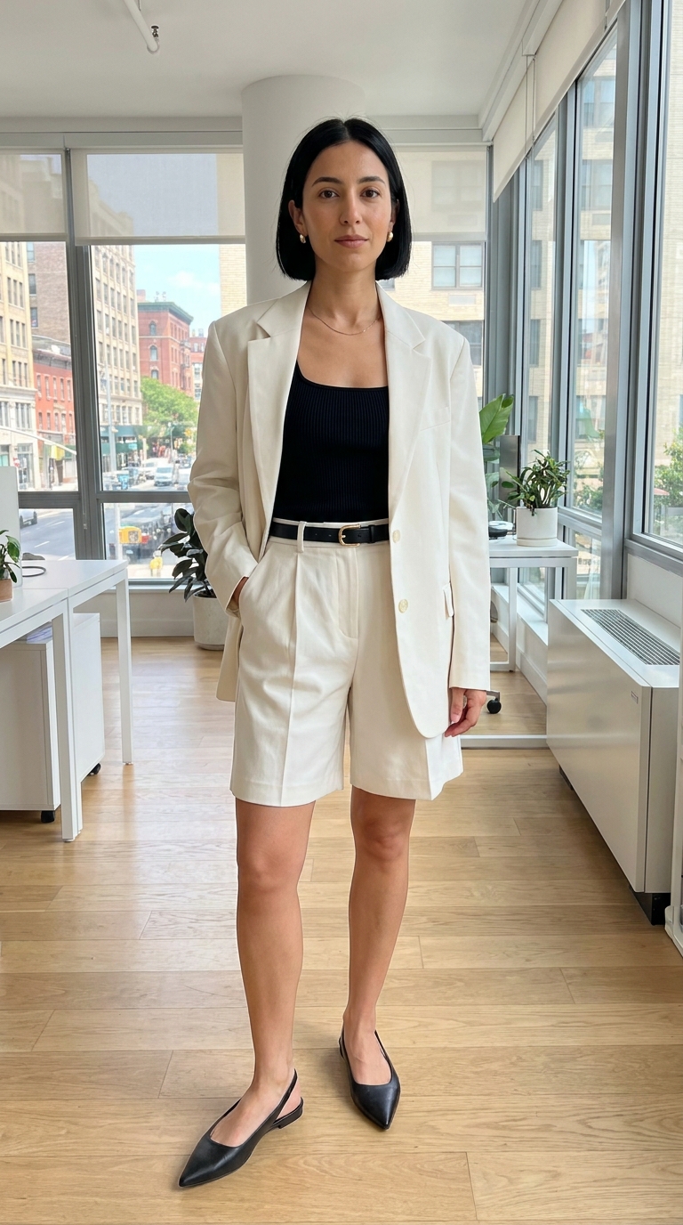 10 Outfit Casual Estivi Donna: Copia i Look Facili e Freschi 8 donna in ufficio con blazer avorio e bermuda sartoriale chiara per look professionale estivo