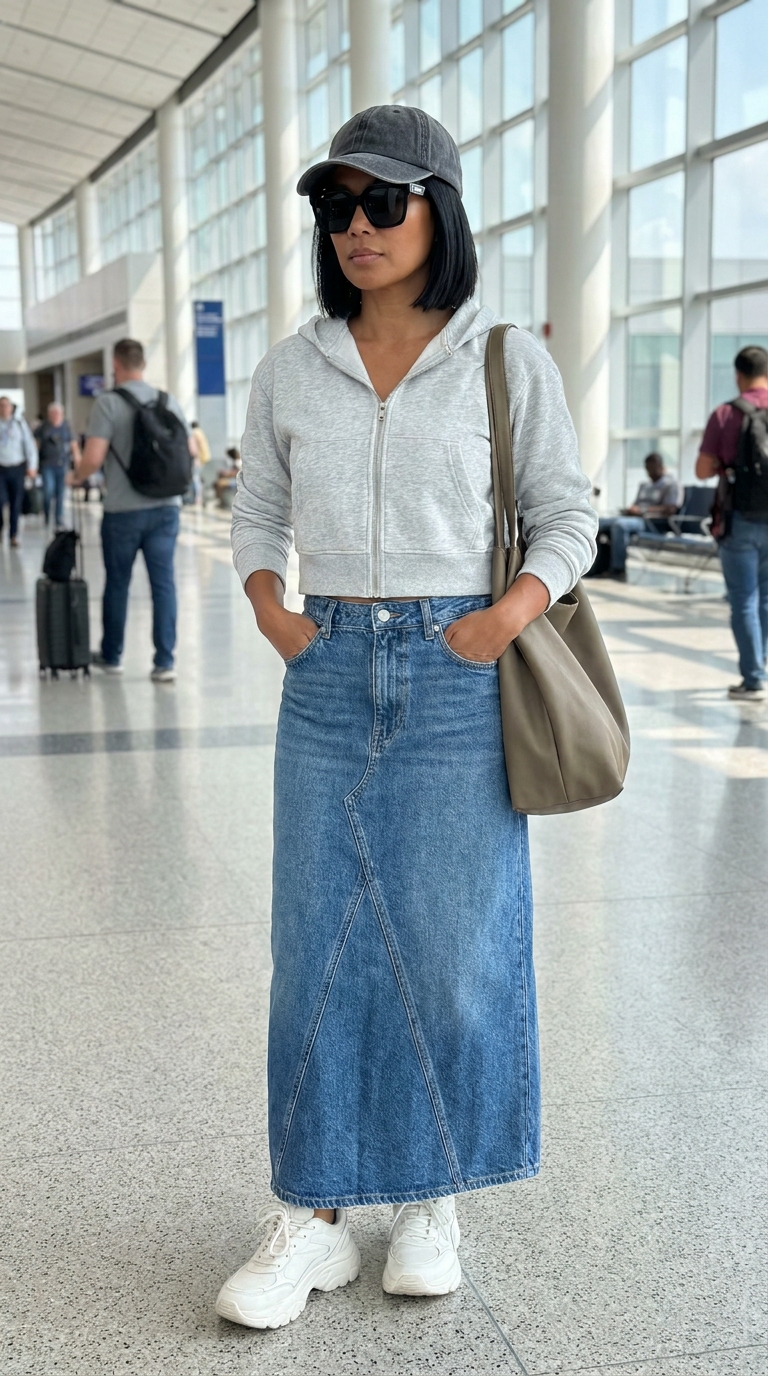 Look da viaggio comodo ed elegante donna over 40 con gonna lunga di jeans, felpa grigia con zip e cappuccio, sneaker massicce e cappello da baseball.