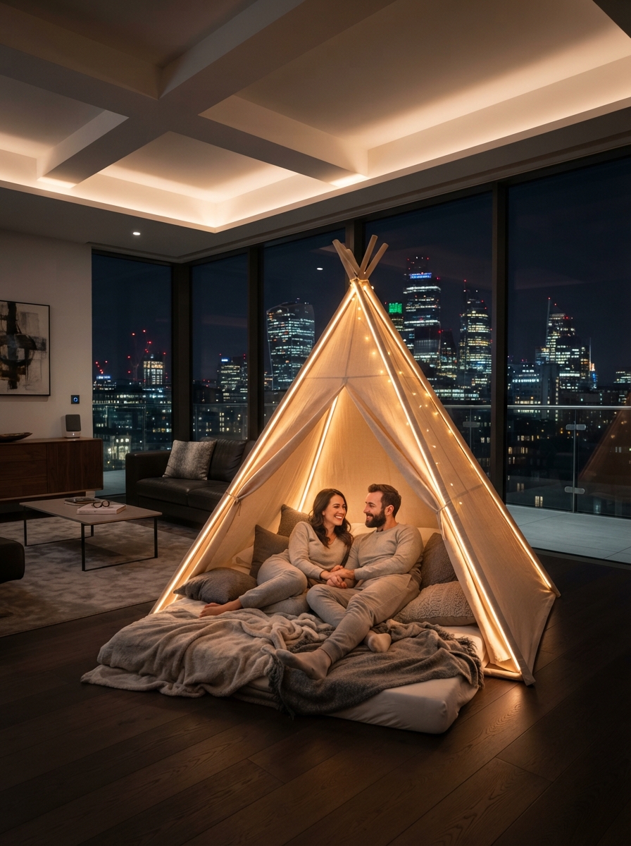 Serata Romantica a Casa: 10 Idee Originali per Coppie 5 Coppia sdraiata dentro un rifugio di design in salotto, decorato con strisce LED colorate e faretti moderni.
