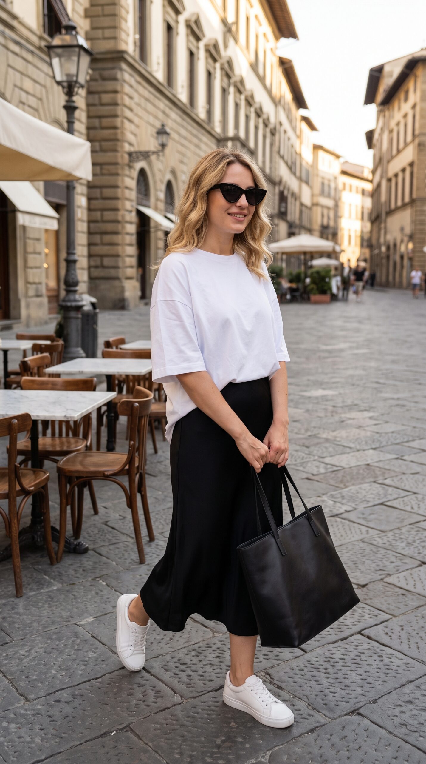 Donna cammina in una città italiana con t-shirt oversize bianca e gonna midi nera 