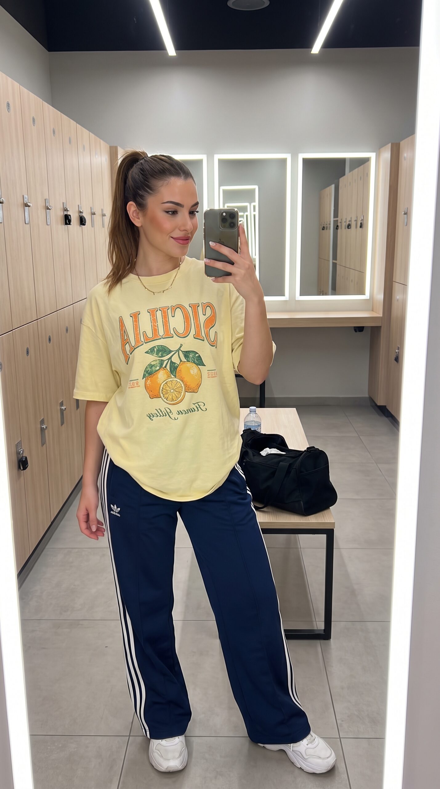 Selfie allo specchio in uno spogliatoio con t-shirt oversize gialla e pantaloni tuta blu
