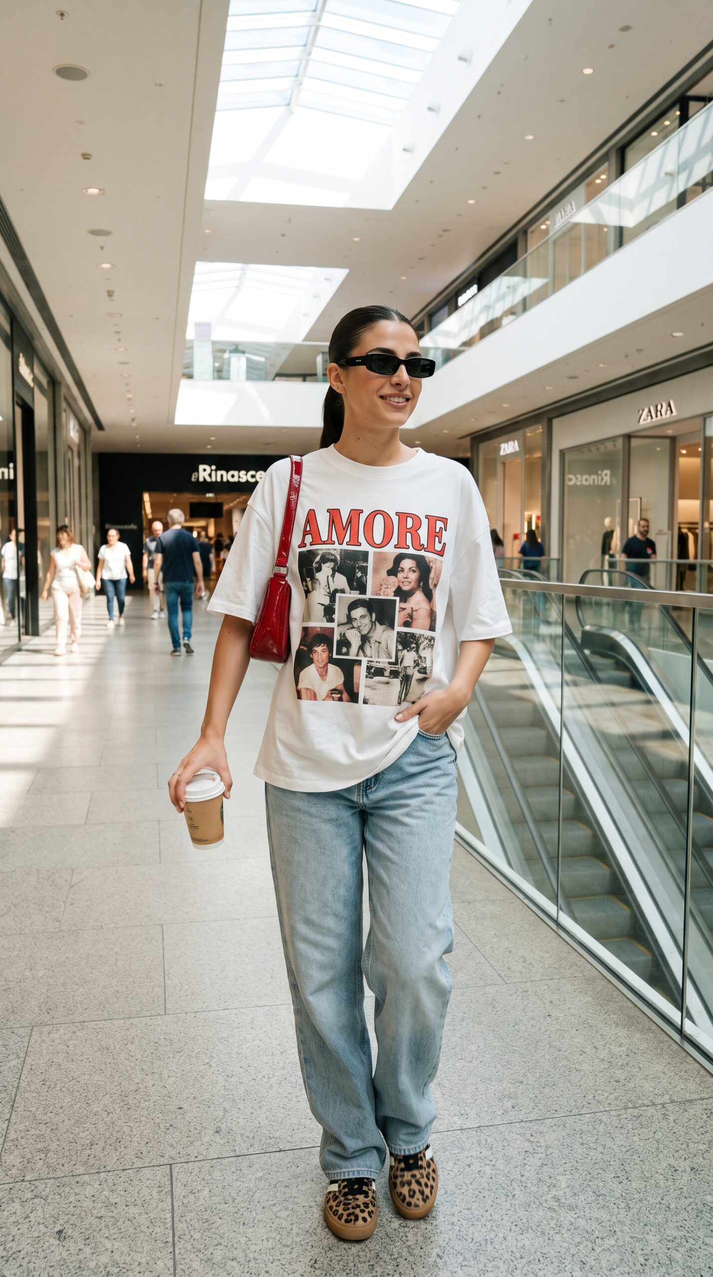 Ragazza in un centro commerciale con t-shirt oversize stampata jeans chiari e scarpe leopardate 