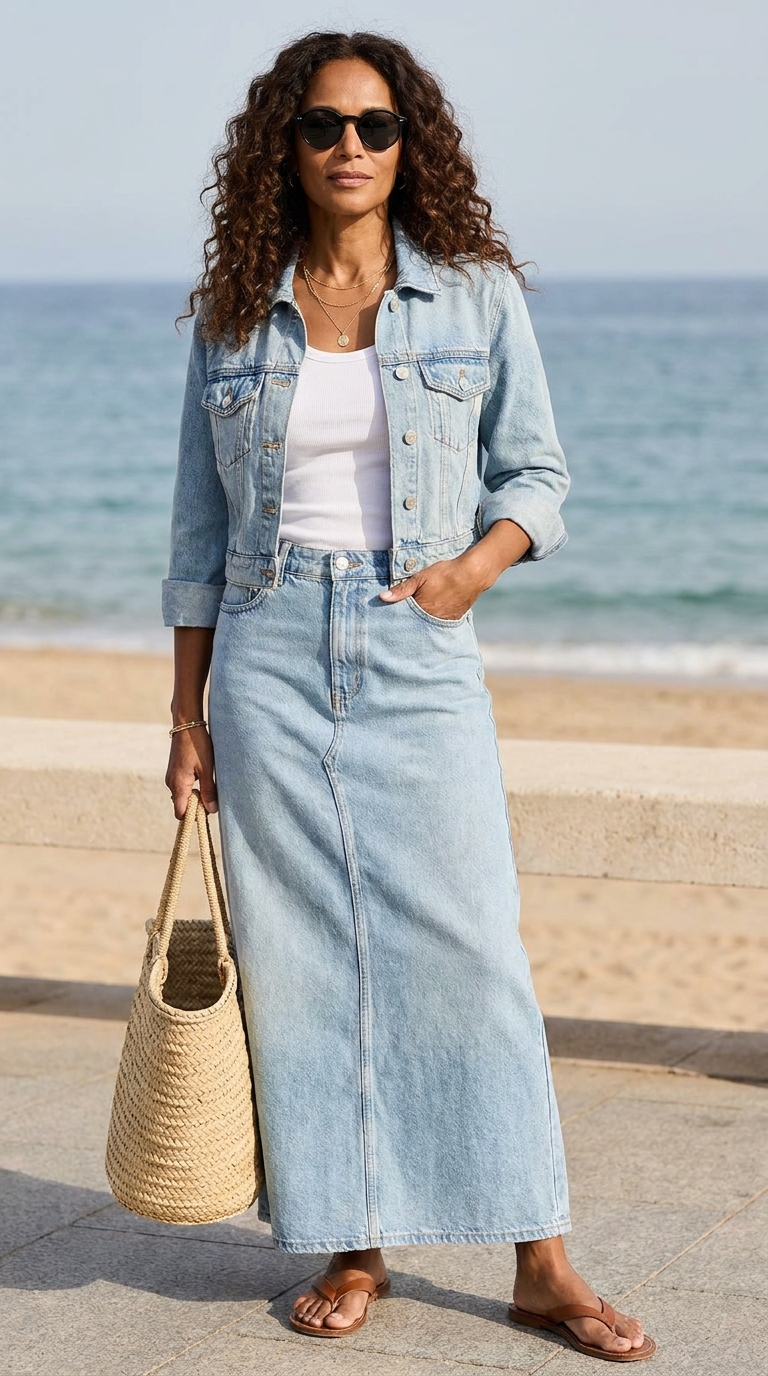 Outfit estivo total denim over 40 con maxi gonna di jeans chiaro, giacca denim abbinata, canotta bianca e borsa di paglia.