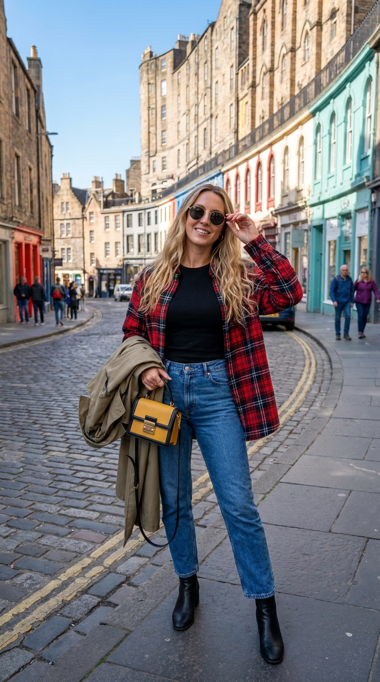 Come Vestirsi in Scozia ad Agosto Donna: Guida Completa 2 Donna bionda con occhiali da sole in piedi al centro di Victoria Street a Edimburgo, la caratteristica strada acciottolata in curva con edifici storici colorati. Indossa top nero, camicia tartan rossa e nera aperta, jeans dritti blu, stivaletti neri e impermeabile khaki appoggiato sul braccio. Giornata di sole con turisti sullo sfondo.