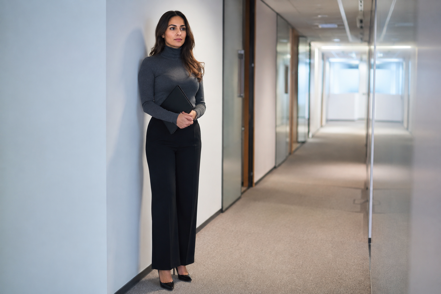 Donna di circa 30 anni in attesa di un colloquio di lavoro nel corridoio di un ufficio, con pantaloni palazzo neri a vita alta, maglia sottile in lana merino a collo alto e décolleté nere con tacco medio.