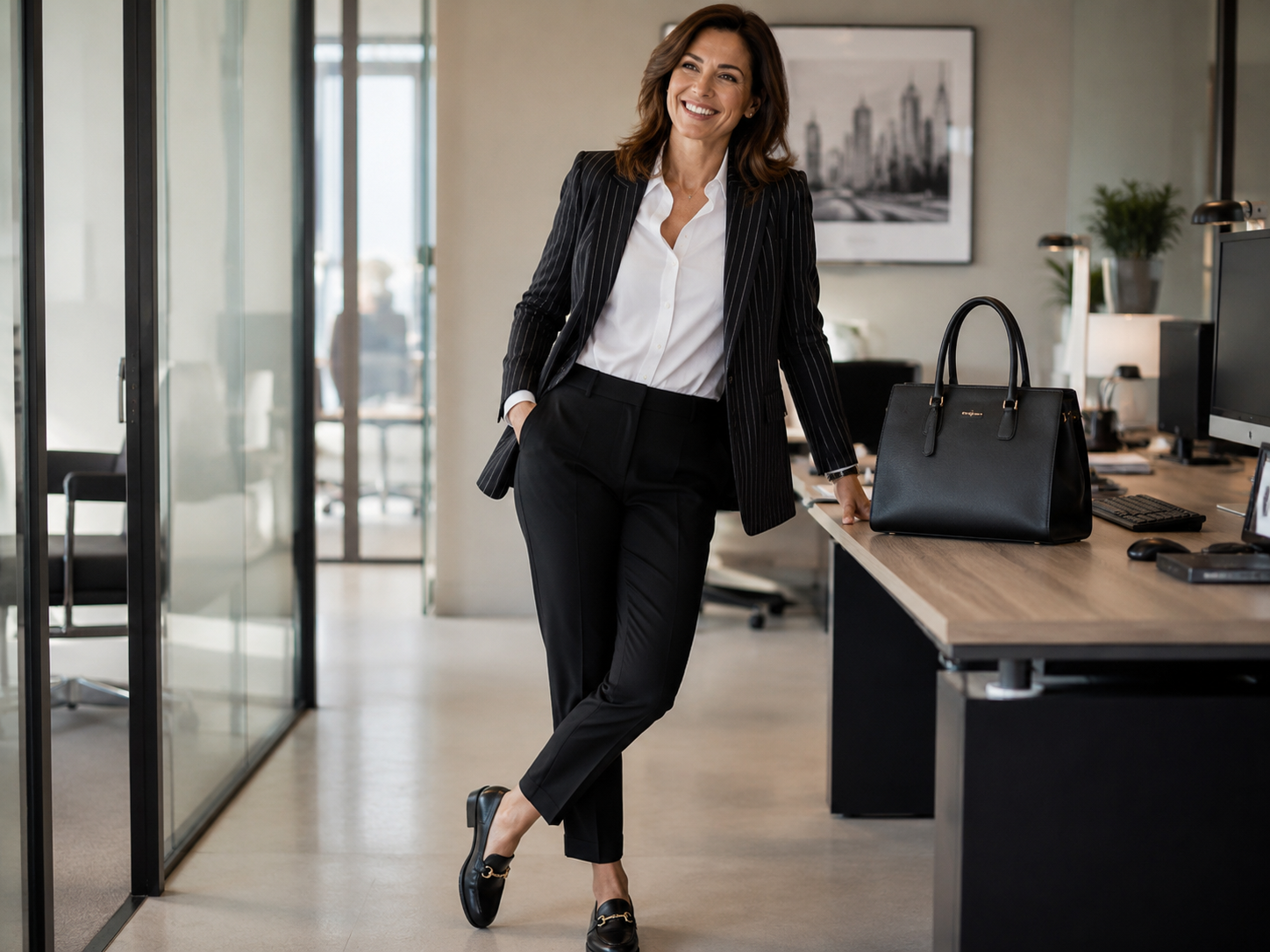 Donna di circa 40 anni sorridente in ufficio con pantalone sartoriale nero, camicia bianca, blazer gessato, mocassini e borsa a mano strutturata nera