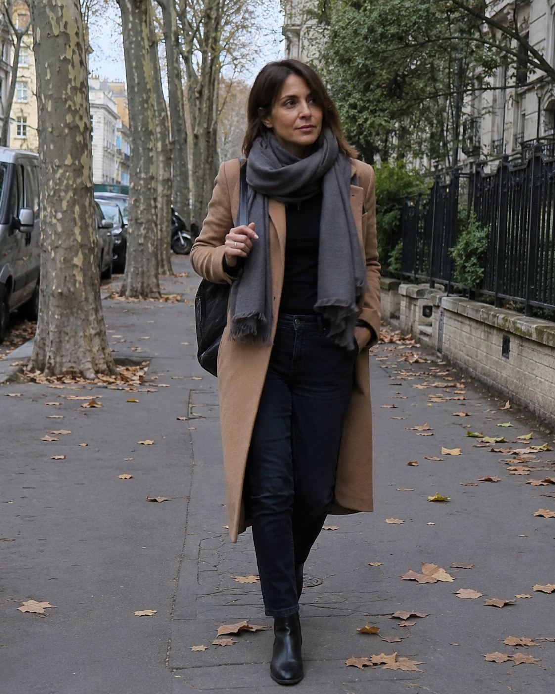 Donna di 40 anni con dolcevita nero, jeans scuro, cappotto cammello, stivali Chelsea e sciarpa grigia in cashmere in una strada autunnale