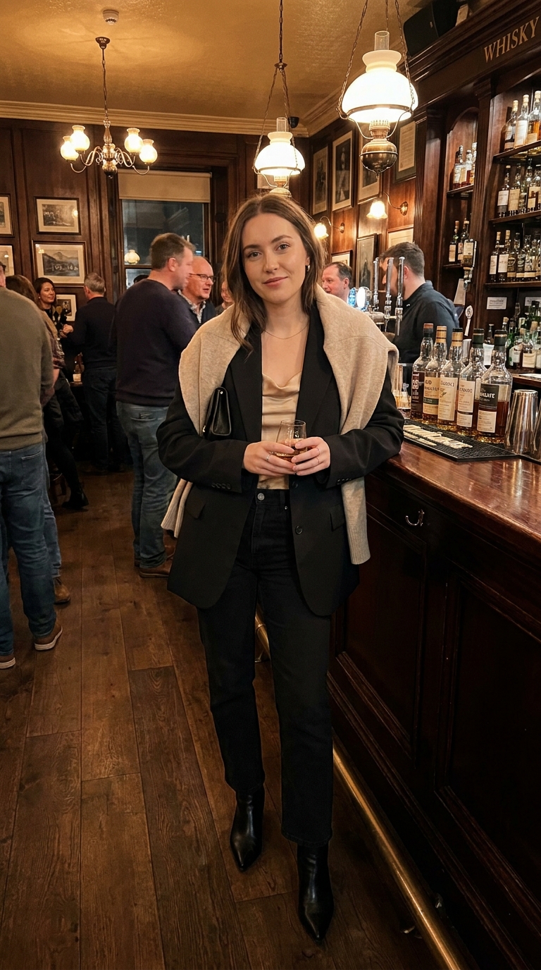 Come Vestirsi in Scozia ad Agosto Donna: Guida Completa 5 Donna in un tipico pub scozzese la sera, con luci calde e interni in legno. Indossa jeans neri, top in seta color champagne, blazer nero, stola sulle spalle e stivaletti neri, appoggiata al bancone del bar.