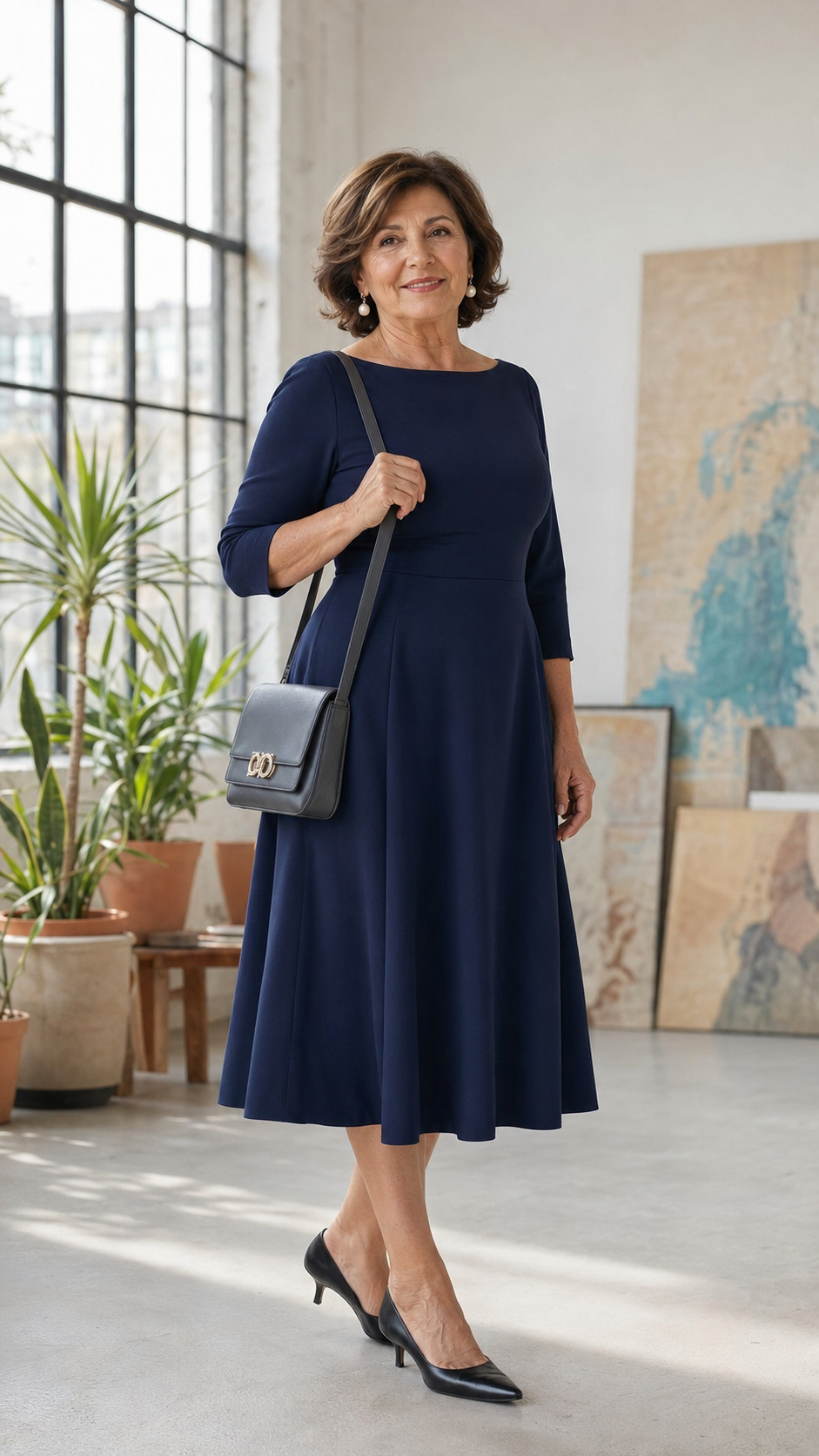 donna 60 anni con abito midi elegante blu navy a ruota con maniche 3/4 e scarpe con tacco basso