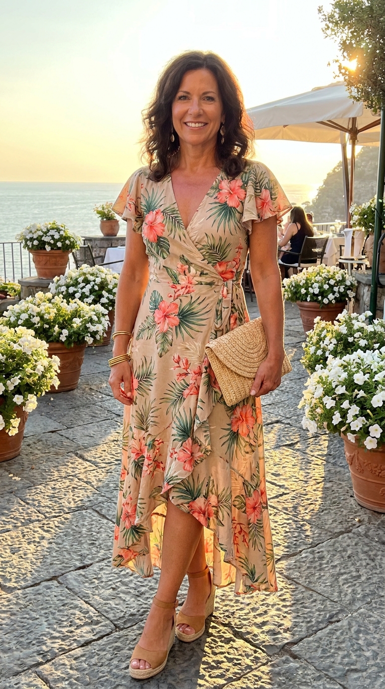 17 Outfit Vacanze Donna Over 50: Idee Chic, Comode e Fresche 12 Donna over 50 con abito a portafoglio floreale rosa e verde per cena al tramonto vista mare