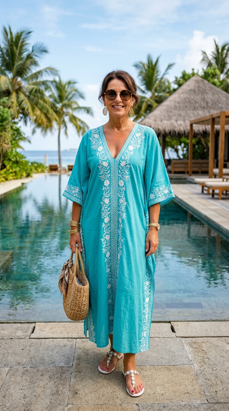 17 Outfit Vacanze Donna Over 50: Idee Chic, Comode e Fresche 9 Donna over 50 con caftano lungo turchese ricamato bianco a bordo piscina in resort tropicale