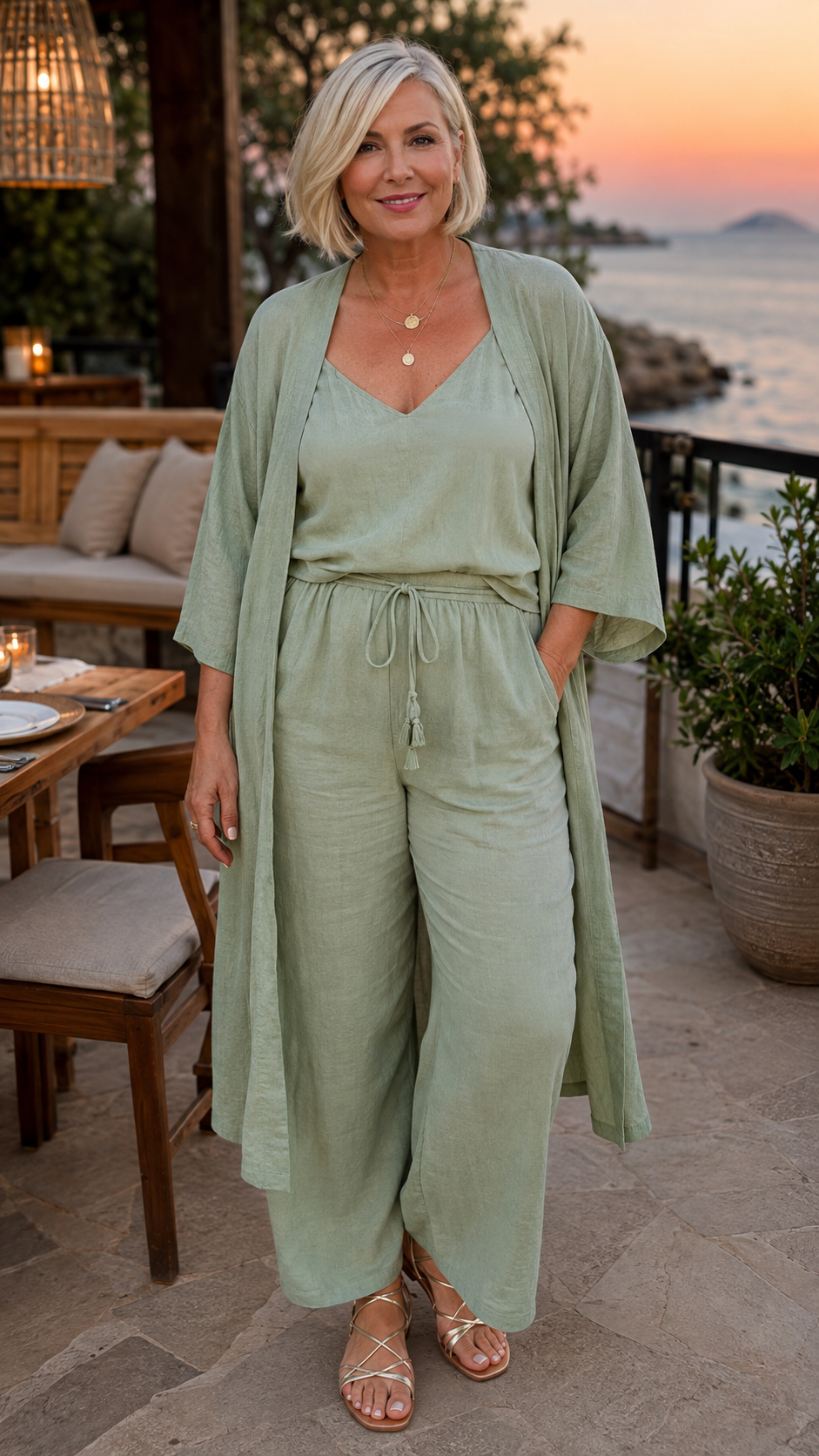 Donna over 40 con completo coordinato in lino color salvia con kimono lungo per cena vista mare