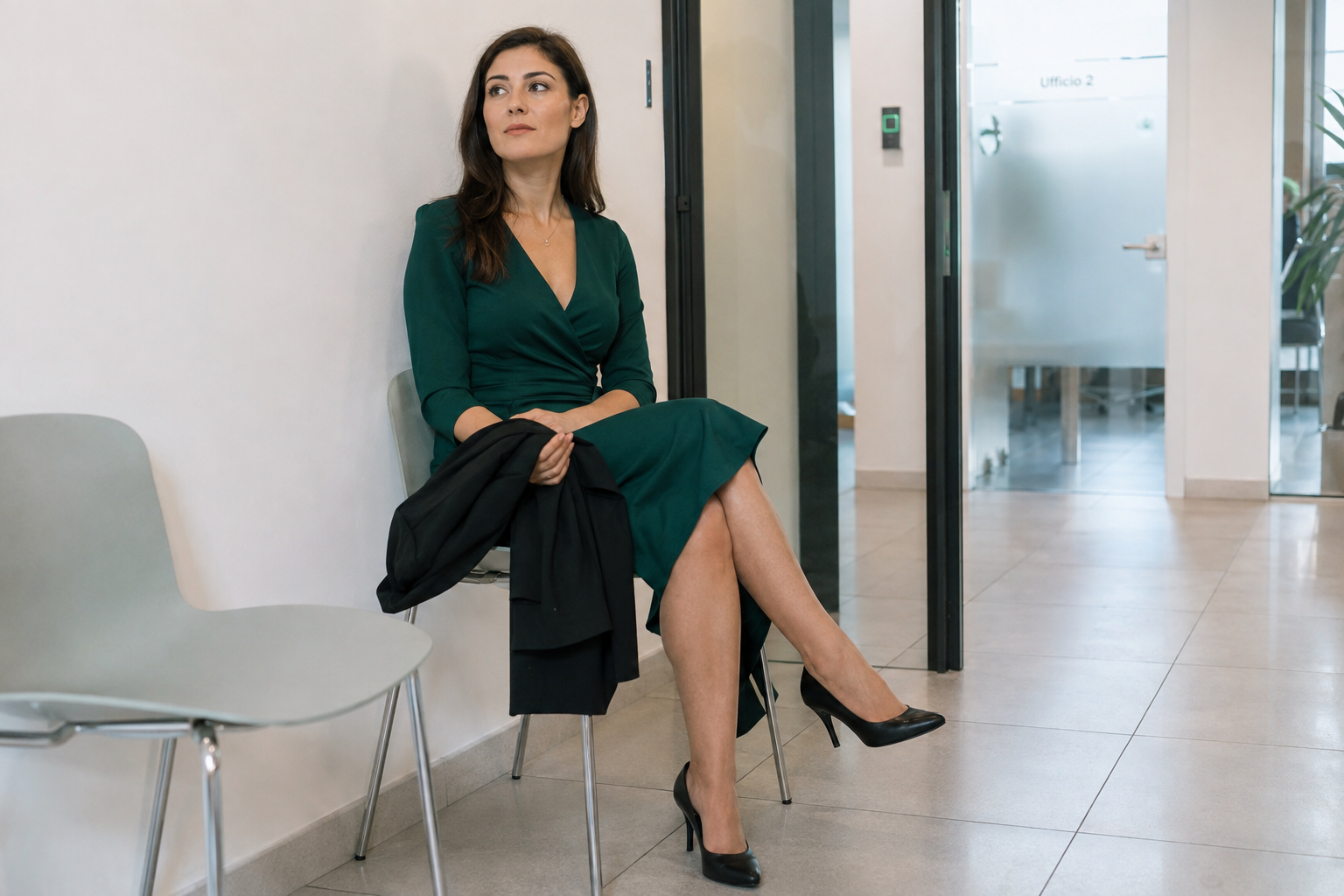 “Donna di circa 30 anni in attesa di un colloquio di lavoro nel corridoio di un moderno ufficio, seduta con abito midi verde bottiglia, blazer nero sulle gambe e décolleté nere con tacco medio.”