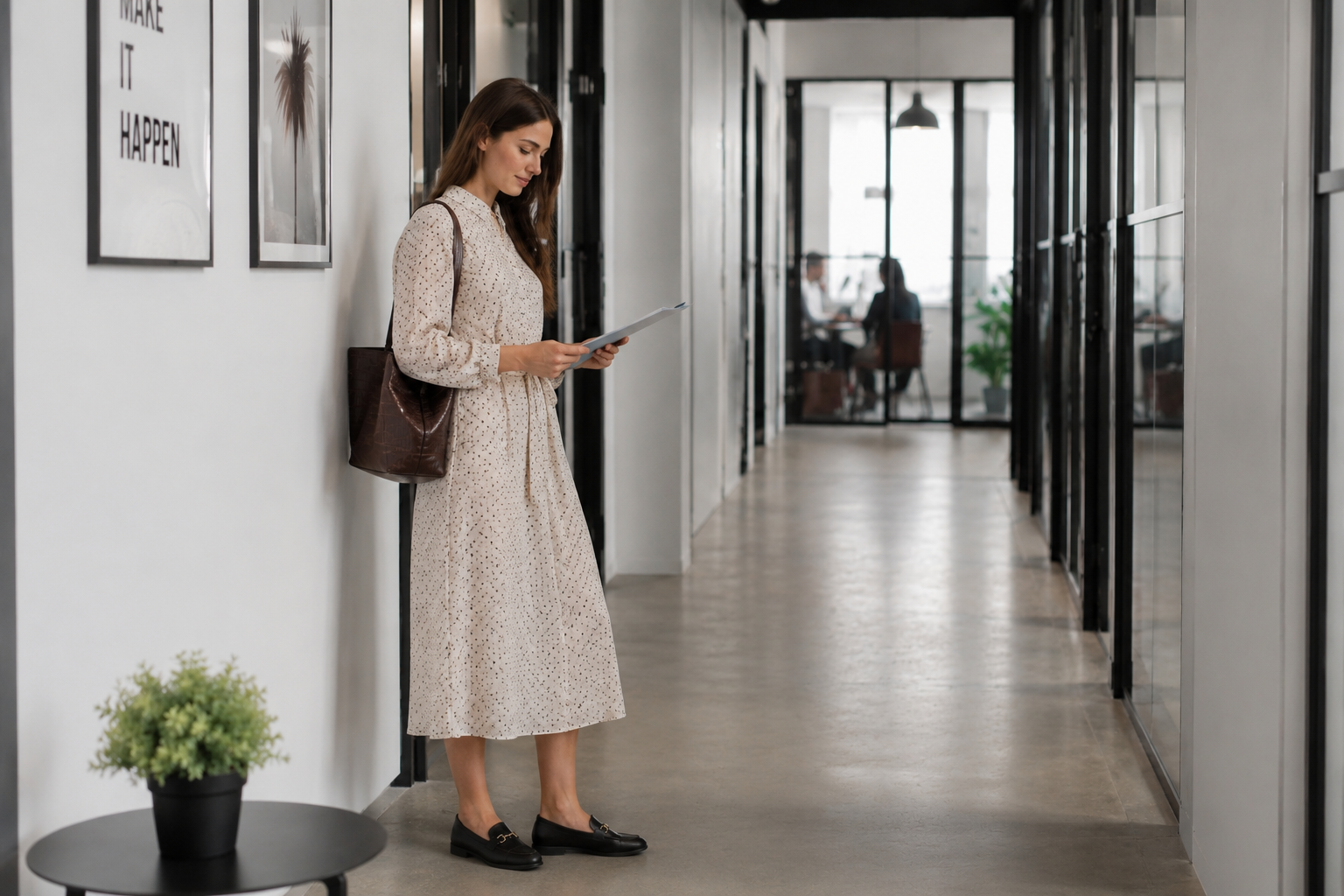 Donna di circa 30 anni in attesa di un colloquio in una startup di moda moderna, con abito midi chiaro a microfantasia e mocassini eleganti