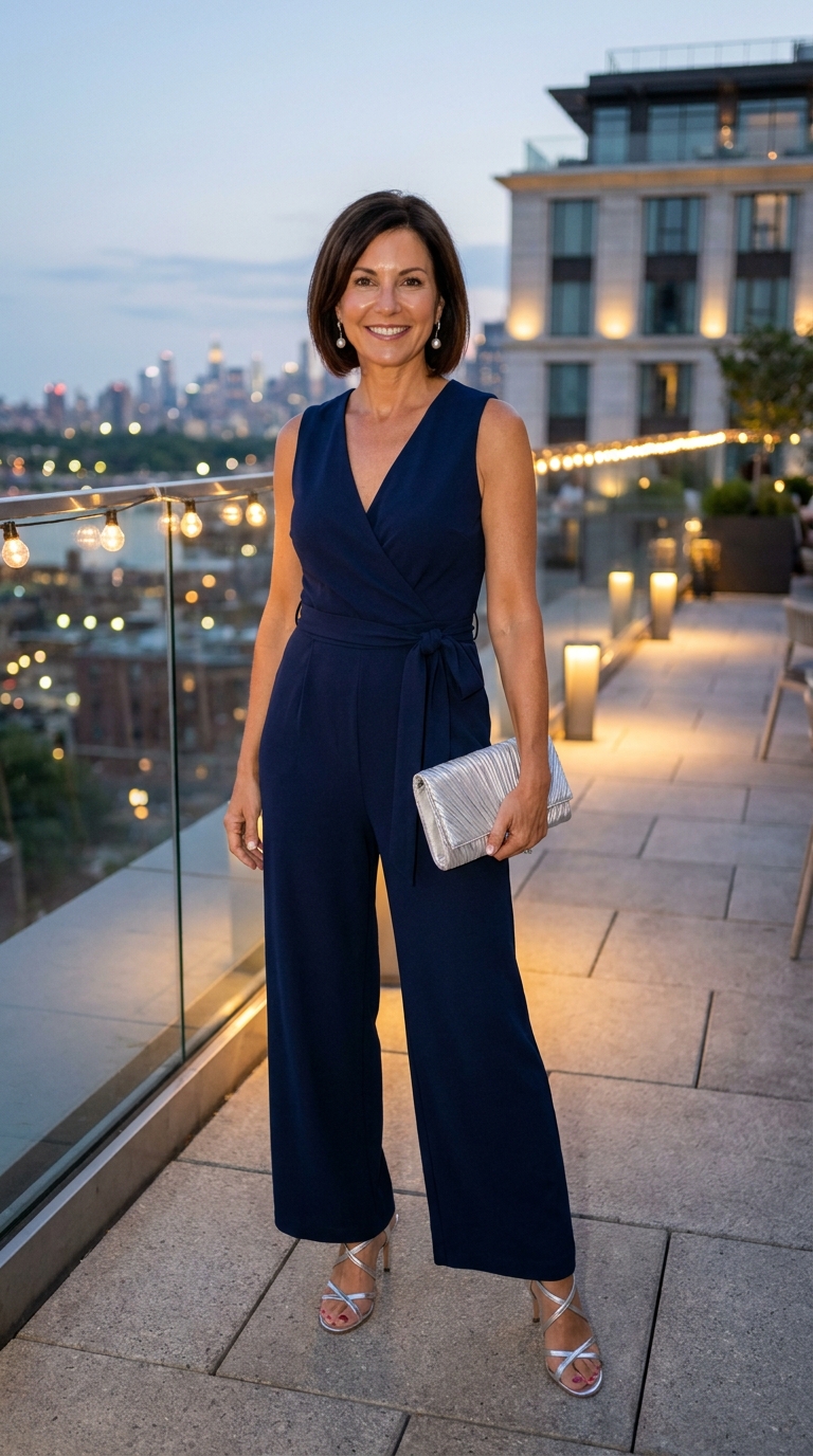 17 Outfit Vacanze Donna Over 50: Idee Chic, Comode e Fresche 13 Donna over 50 con jumpsuit elegante blu navy con cintura in vita su terrazza panoramica di sera