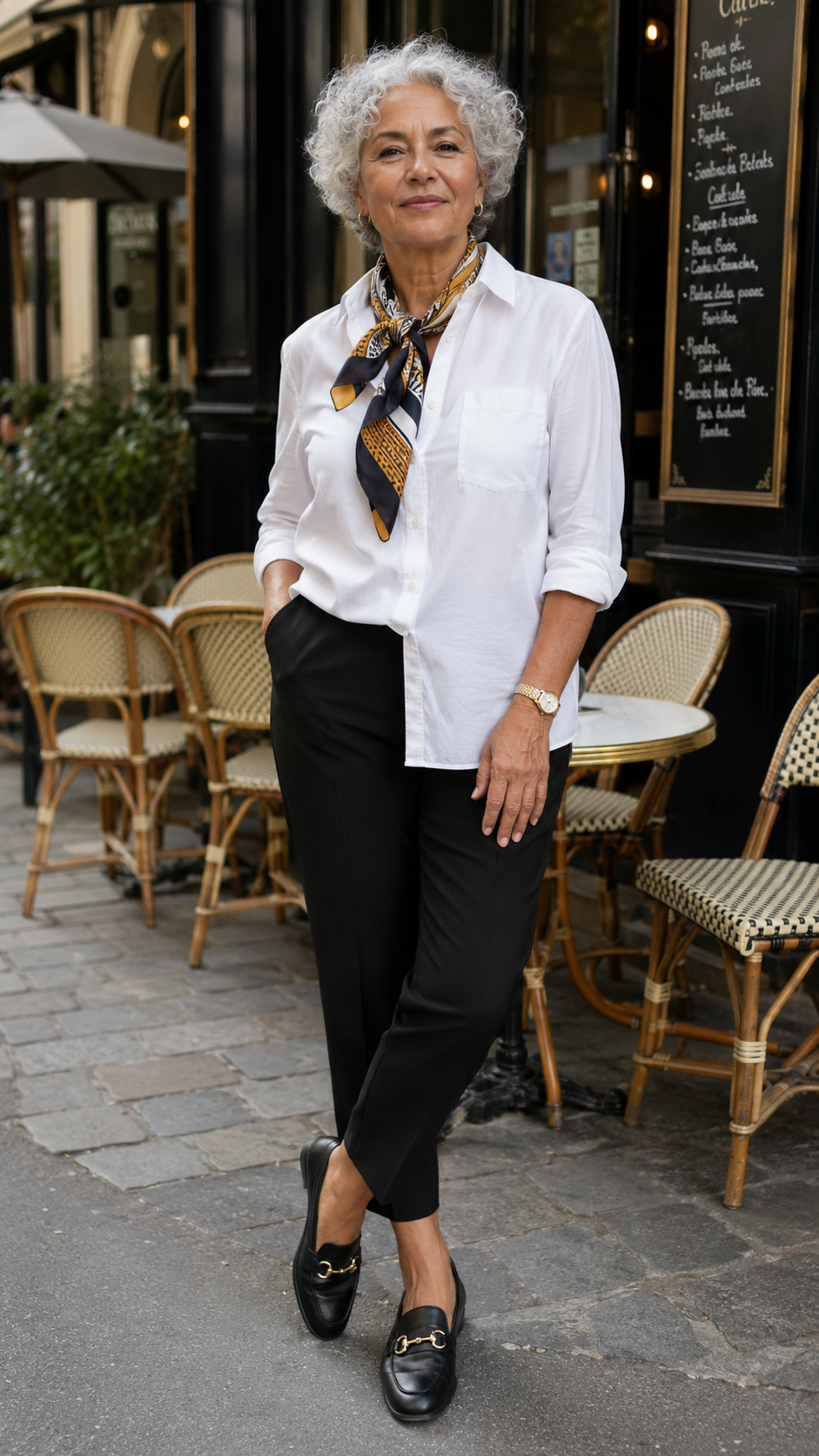 Donna over 50 con camicia bianca in lino foulard e pantaloni neri outfit parigino