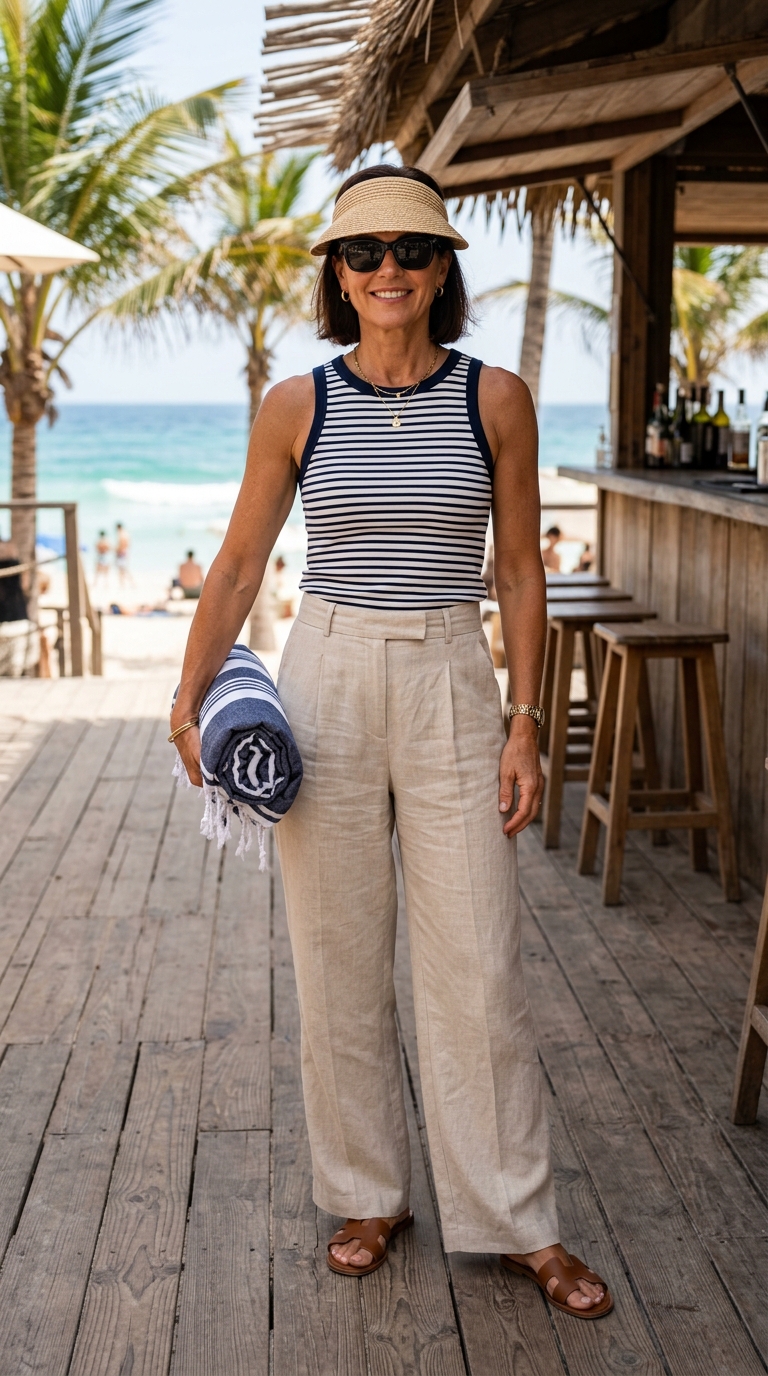 17 Outfit Vacanze Donna Over 50: Idee Chic, Comode e Fresche 6 Donna over 50 con canotta a righe mariniere e pantaloni in lino beige sulla passerella di un beach bar