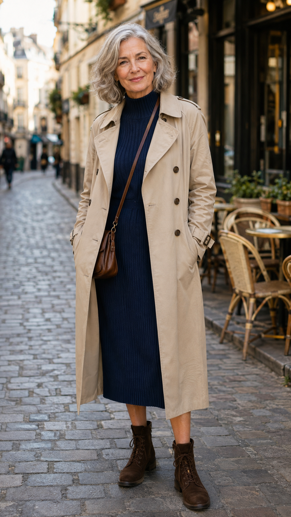 Donna over 50 con trench beige e abito in maglia blu navy a costine per look autunnale casual chic