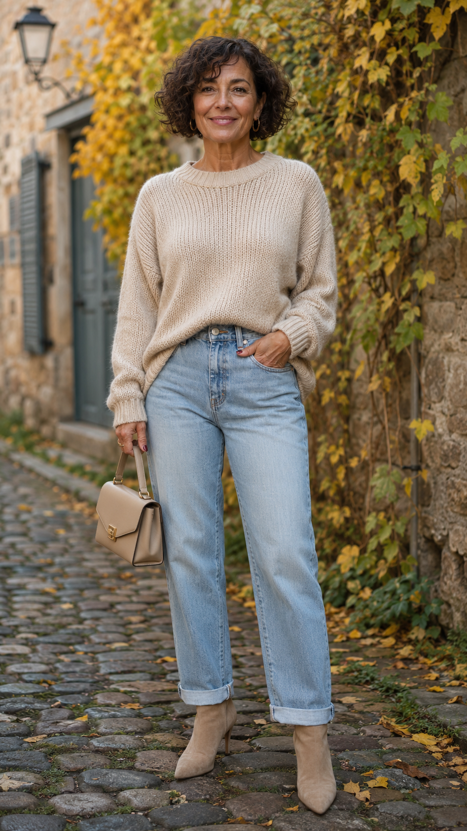 Donna over 50 con maglione beige oversize e jeans chiari look casual chic comodo autunno