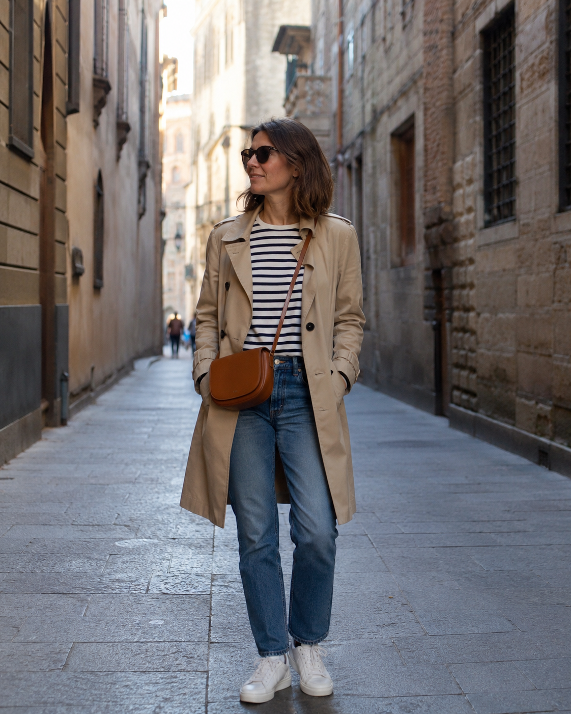 donna che indossa un outfit casual chic per il week end composto da Jeans straight medio + maglia a righe breton + trench beige + sneaker bianche in pelle + borsa a tracolla cognac.