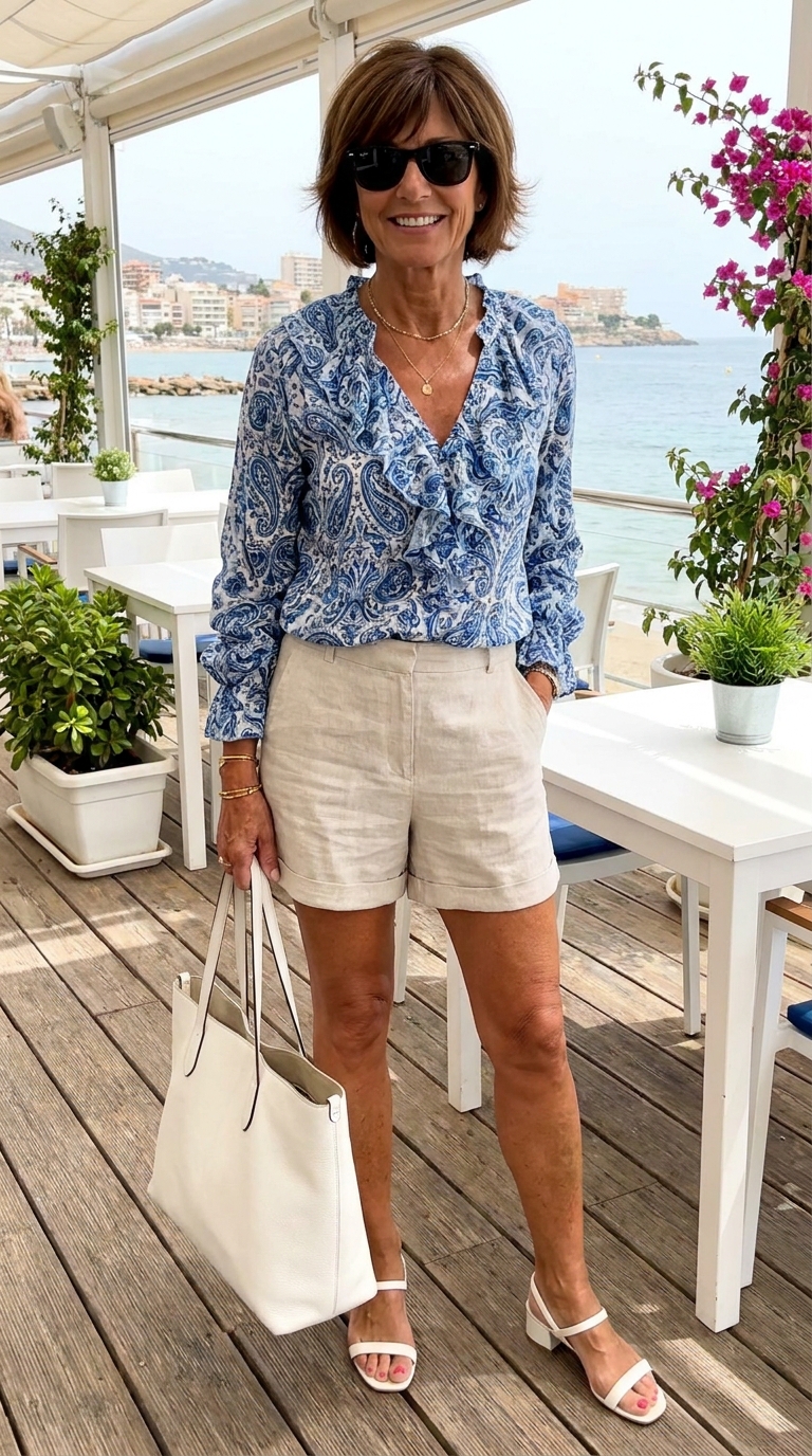 17 Outfit Vacanze Donna Over 50: Idee Chic, Comode e Fresche 4 Donna over 50 con blusa fantasia paisley blu e shorts in lino beige su terrazza sul mare