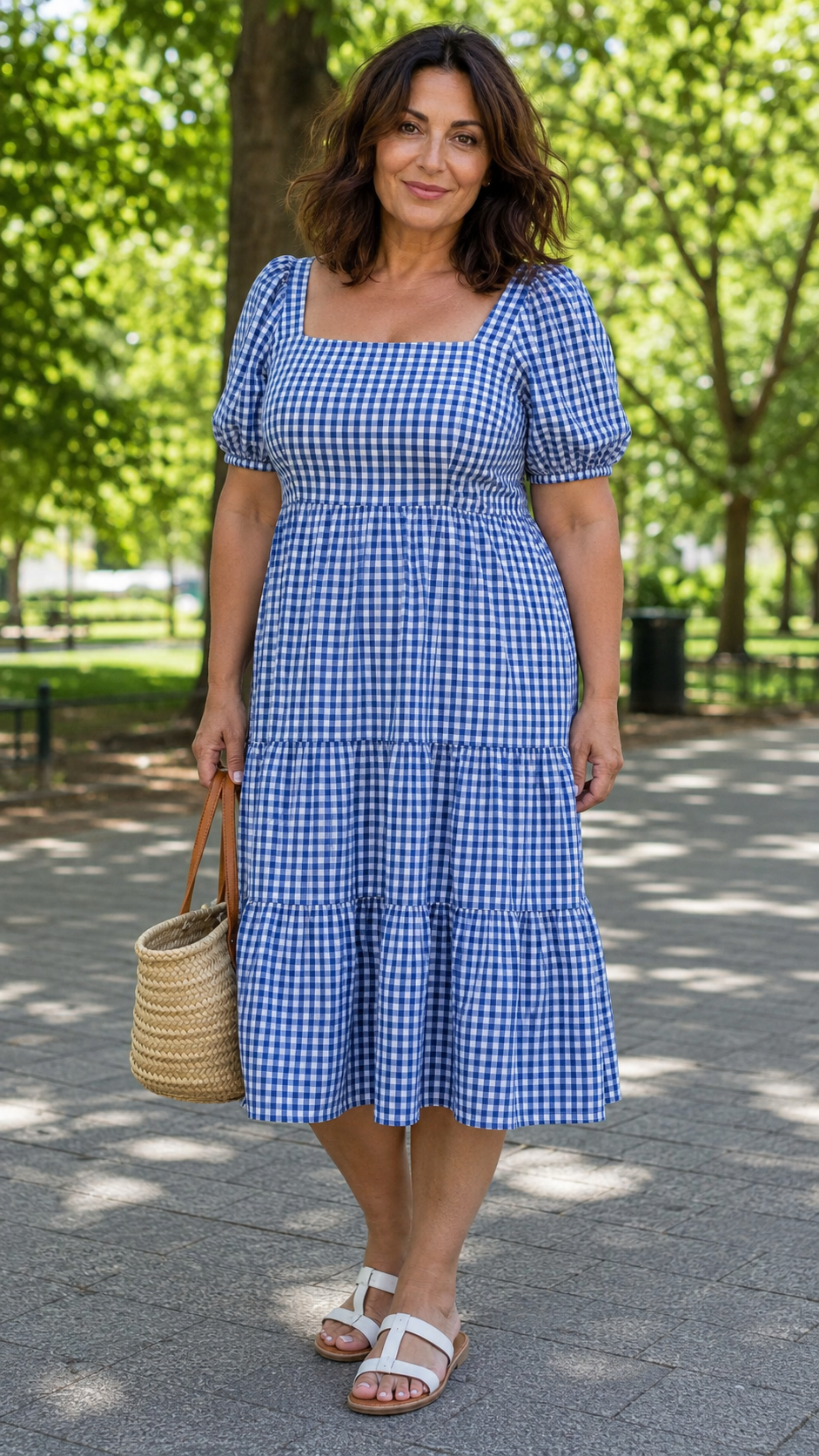 donna over 40 con abito midi a quadretti vichy blu e bianco con sandali bianchi al parco