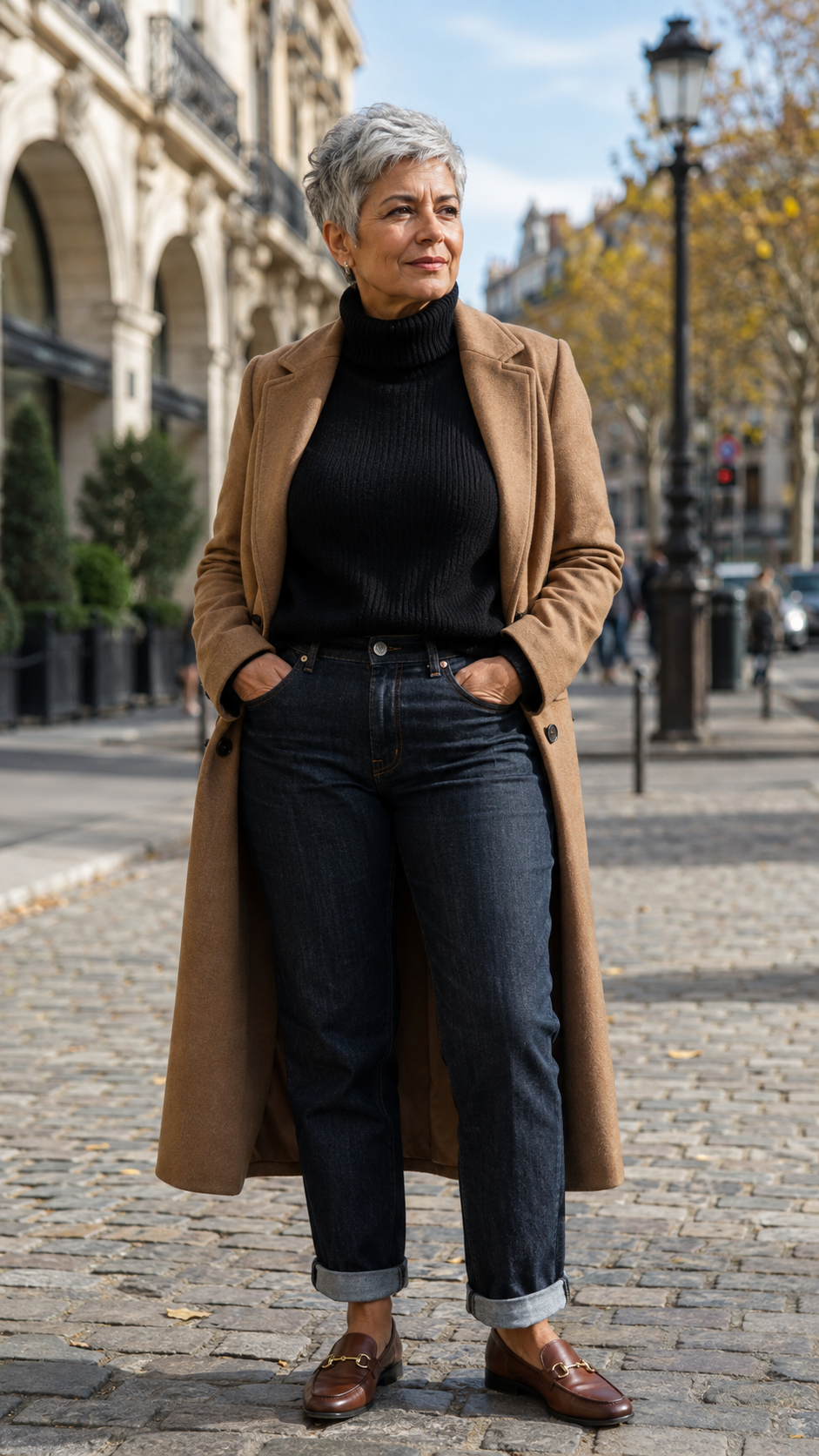 Donna over 50 con blazer nero t-shirt bianca e jeans grigi look casual chic cittadino