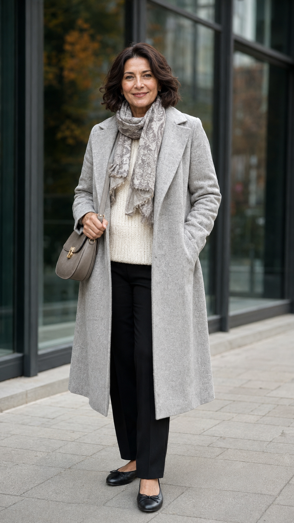 donna over 60 con outfit invernale elegante e comodo con cappotto lungo grigio e maglione crema