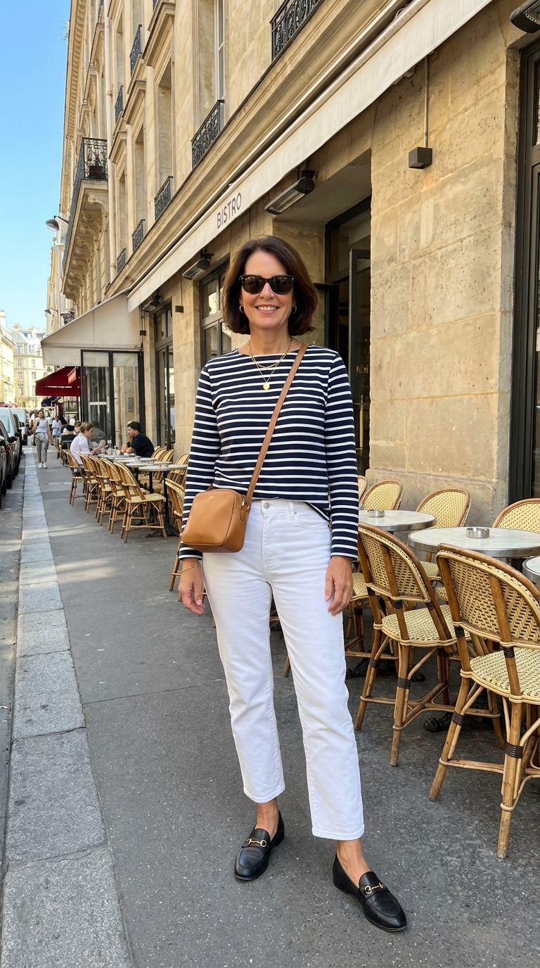 17 Outfit Vacanze Donna Over 50: Idee Chic, Comode e Fresche 18 Donna over 50 con maglia a righe blu e bianca e jeans bianchi davanti a un bistrò parigino