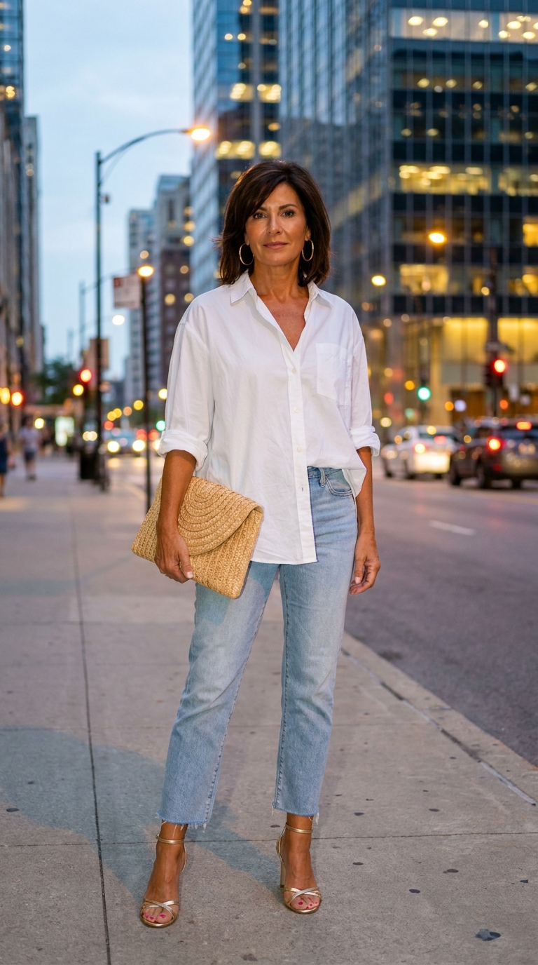 17 Outfit Vacanze Donna Over 50: Idee Chic, Comode e Fresche 24 Donna over 50 con camicia bianca oversize e jeans cropped chiari con sandali dorati di sera in città