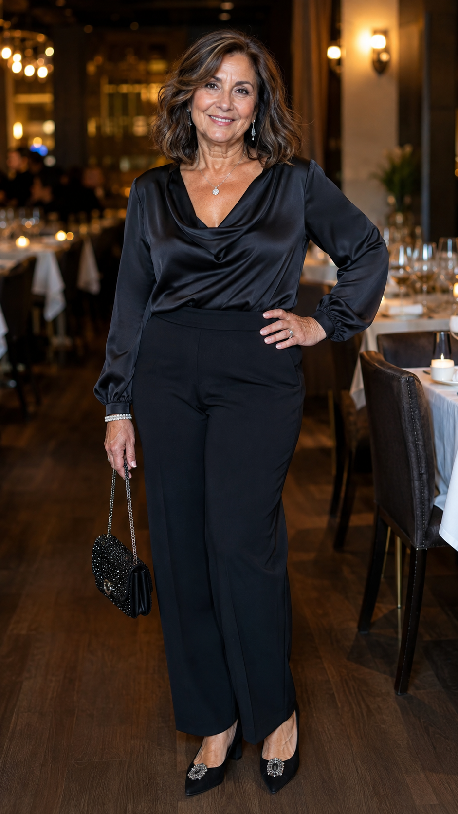 donna 60 anni con outfit elegante comodo total black da sera con blusa nera in raso a cascata e pantaloni palazzo