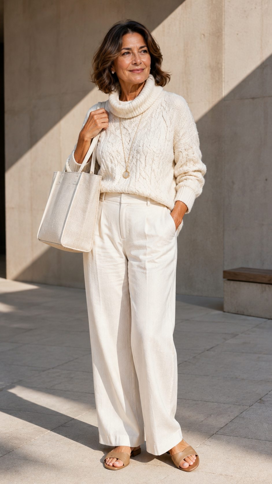 donna 60 anni con outfit total avorio elegante e comodo con dolcevita a trecce e pantaloni palazzo in lino