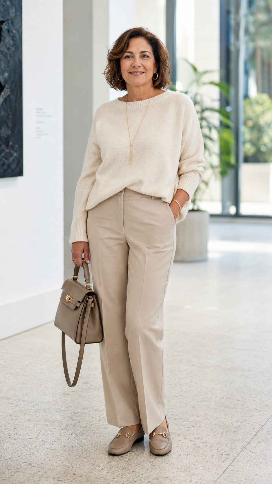 donna 60 anni con outfit elegante comodo total beige con maglione panna morbido e pantaloni dritti sabbia