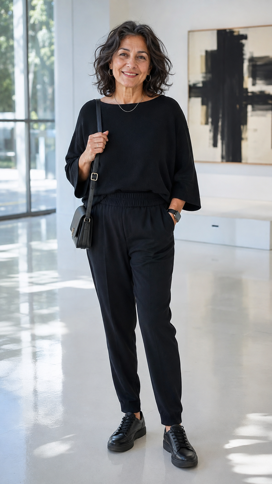donna 60 anni con look total black elegante e comodo con pantaloni jogger e sneaker nera in pelle