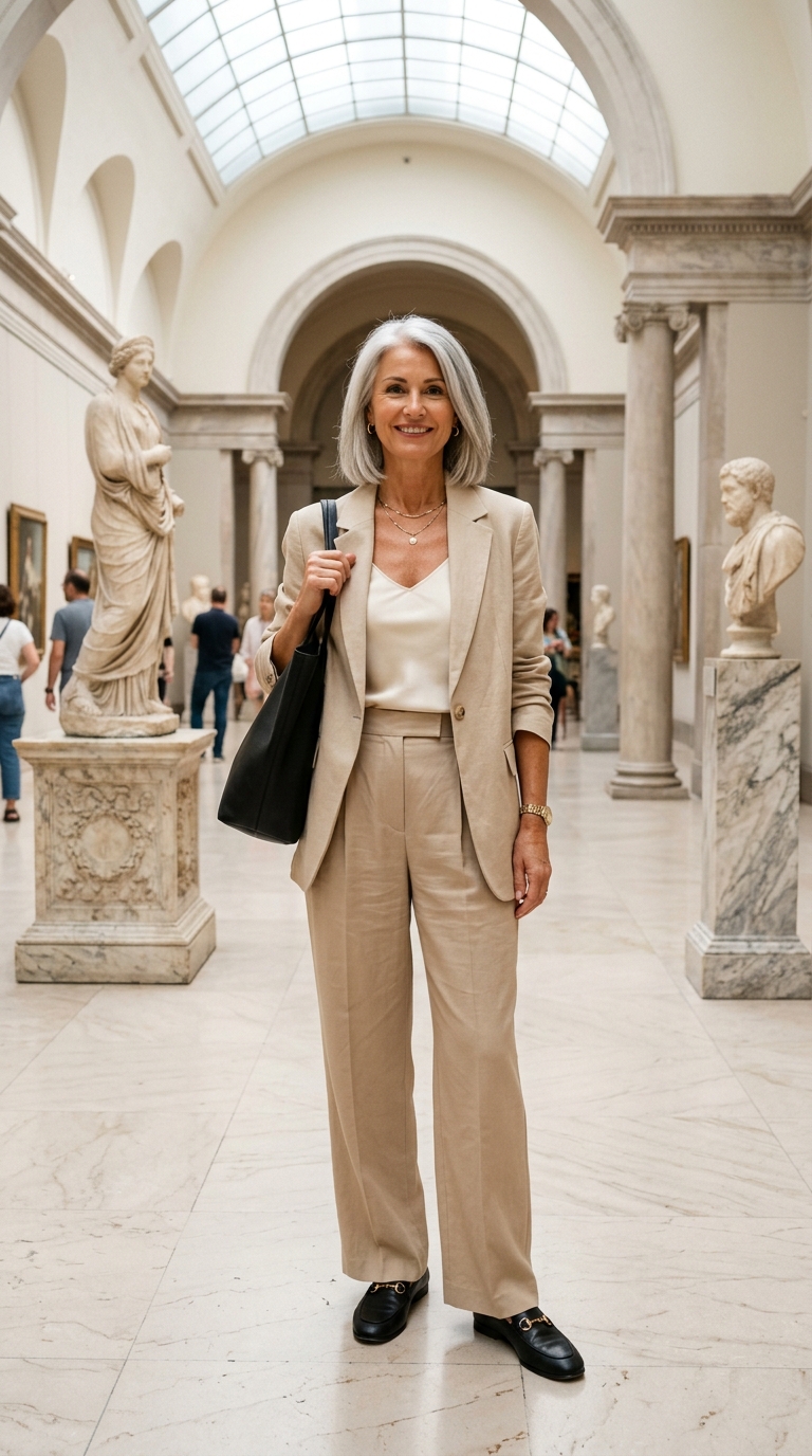 17 Outfit Vacanze Donna Over 50: Idee Chic, Comode e Fresche 1 Donna over 50 con tailleur in lino beige e mocassini neri in un museo d'arte