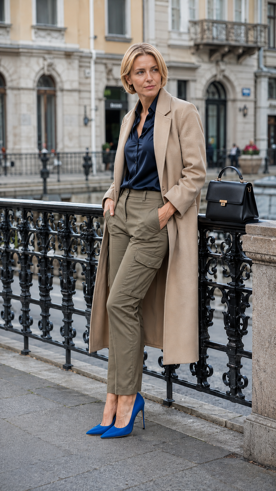 donna con pantalone cargo khaki, cappotto cammello e decollete blu elettrico a punta