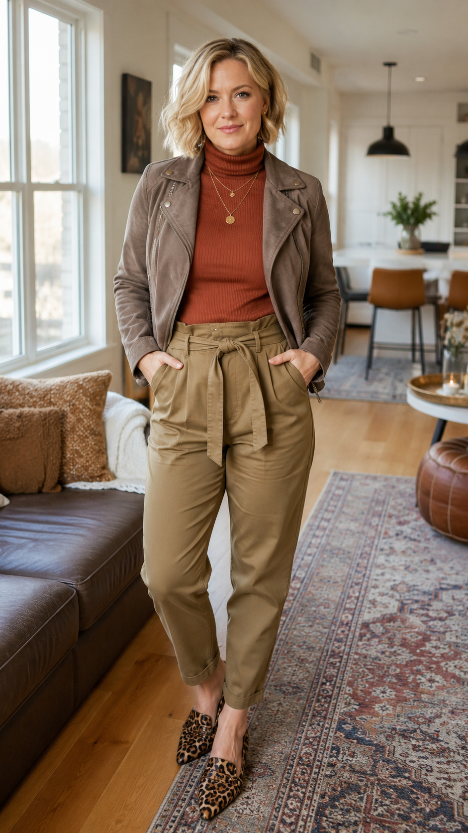 outfit autunnale con pantalone khaki a vita alta, dolcevita ruggine e mocassini leopardati