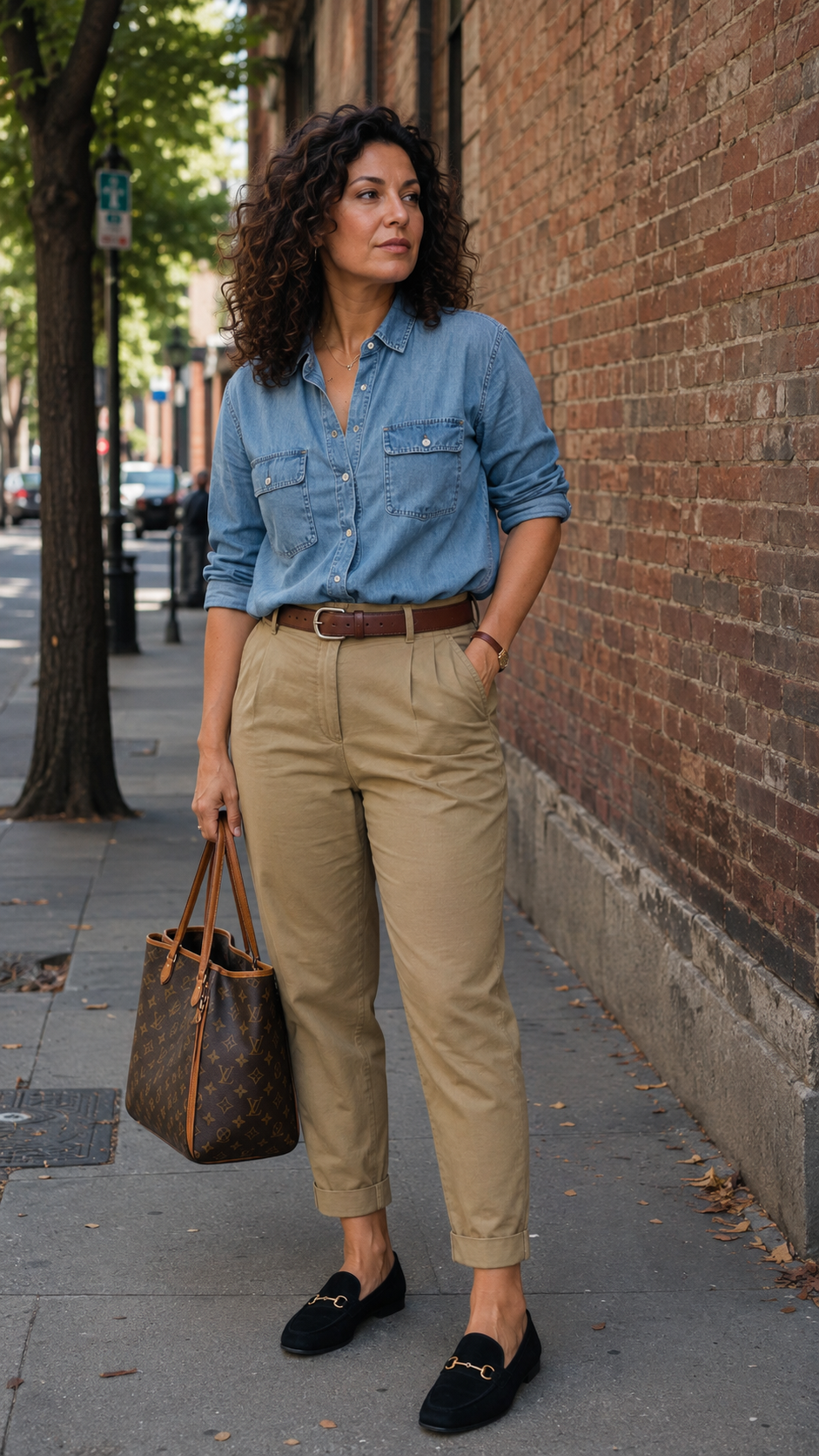 outfit casual con pantalone khaki, camicia in denim e mocassini neri in camoscio con morsetto oro