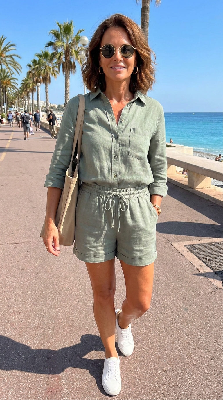 17 Outfit Vacanze Donna Over 50: Idee Chic, Comode e Fresche 20 Donna over 50 con set camicia e shorts in lino verde salvia e sneakers bianche sul lungomare