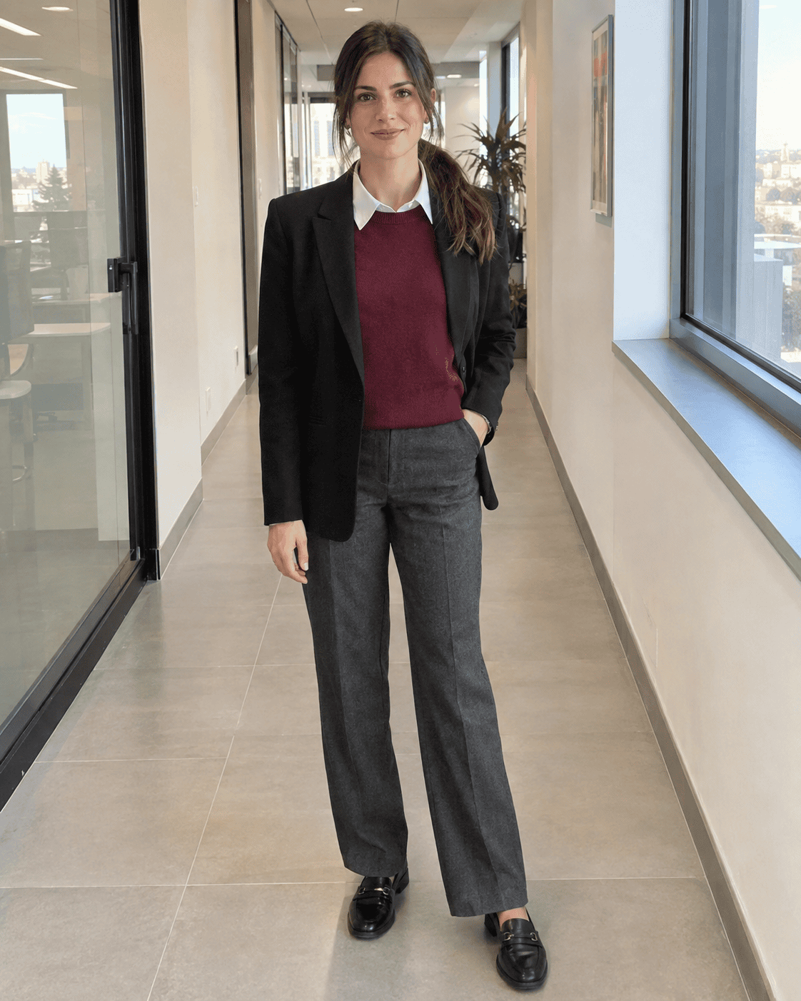 Outfit ufficio 12 gradi: pantaloni grigi in lana, maglione bordeaux, camicia bianca, blazer nero e mocassini