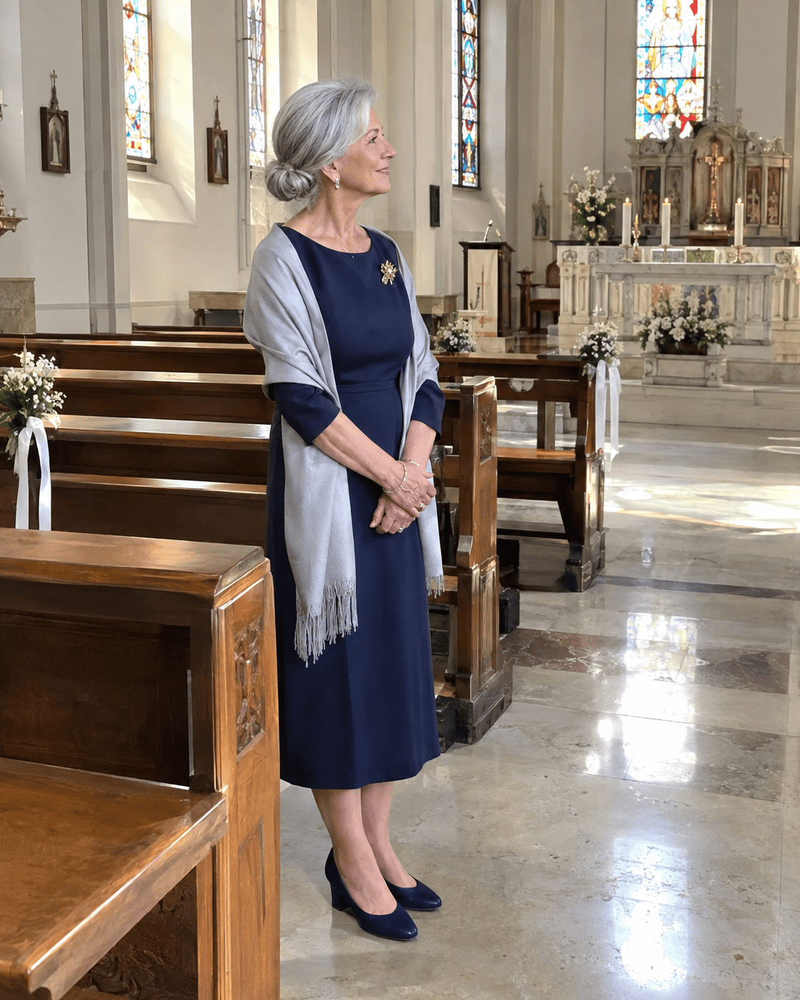Nonna sofisticata al battesimo con abito longuette blu navy, scialle grigio perla, décolleté blu e spilla dorata all'interno della chiesa