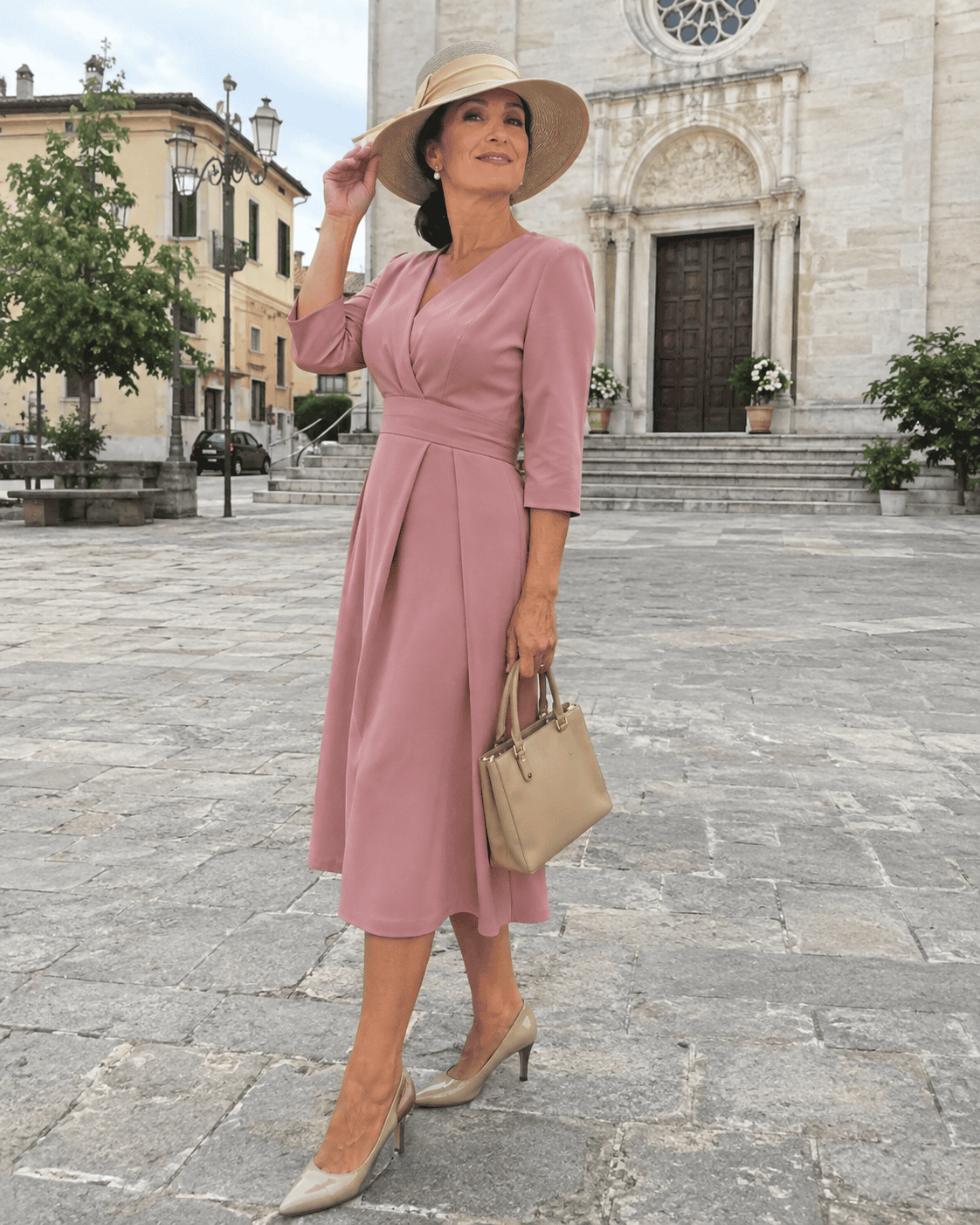Nonna al battesimo con cappello a tesa media color sabbia, abito midi rosa antico con vita segnata, décolleté nude e borsa beige davanti alla chiesa