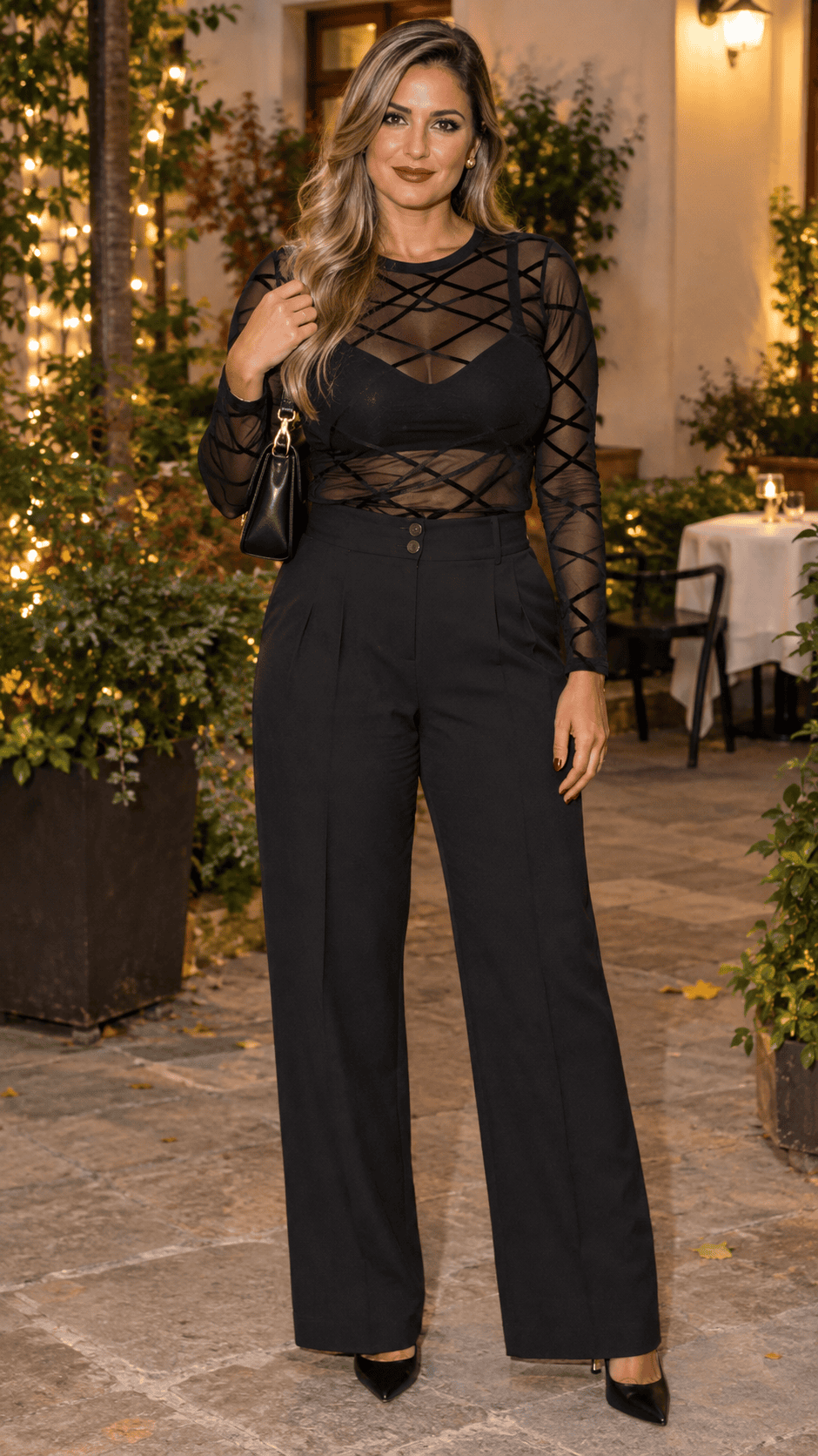 donna con outfit autunnale per feste, top nero trasparente a rombi, pantaloni palazzo neri e décolleté in un giardino con luci
