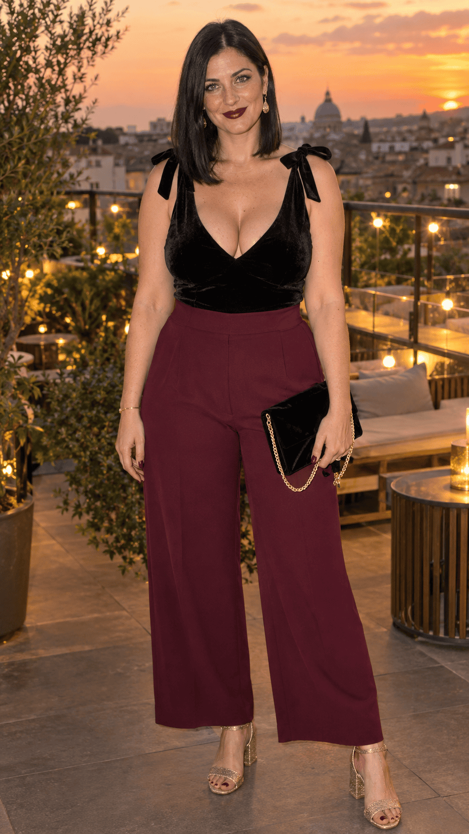 donna con outfit autunnale per feste, top in velluto nero e pantaloni palazzo bordeaux su terrazza al tramonto