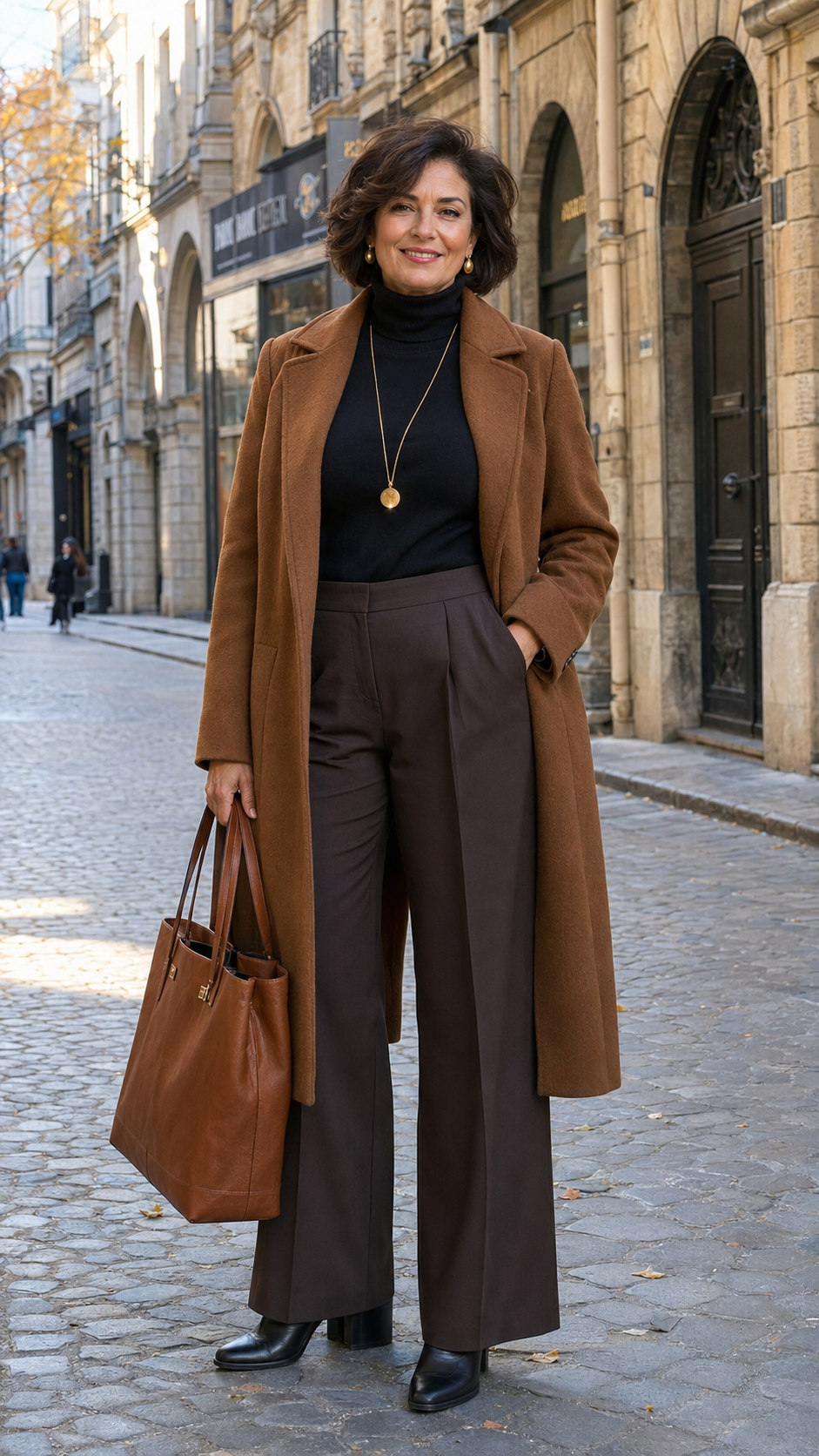 donna over 50 con outfit autunnale elegante, cappotto cammello lungo, dolcevita nero e pantaloni palazzo marroni in strada di città europea