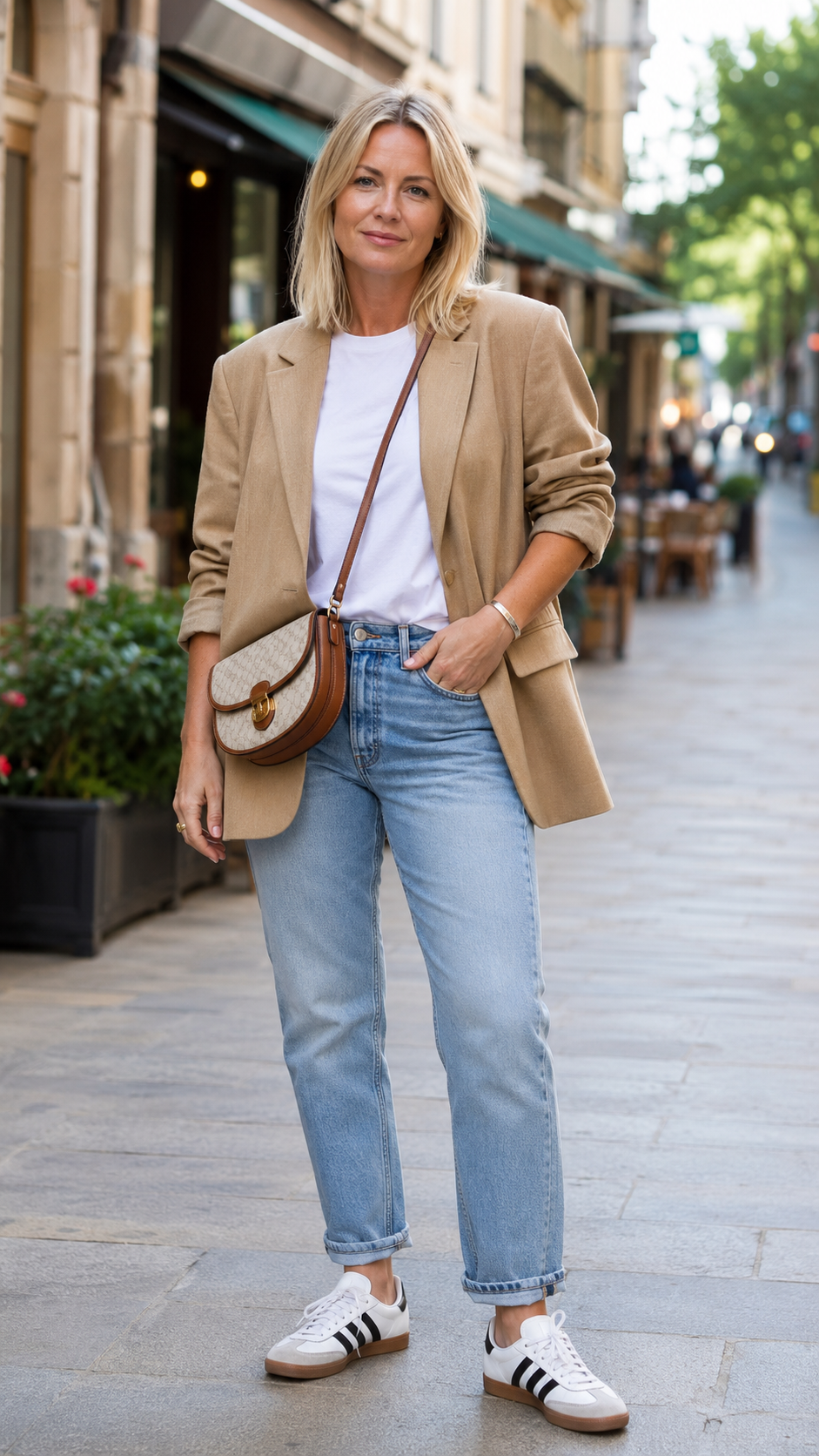 Outfit casual con blazer cammello e jeans chiari donna 40 anni con sneakers bianche