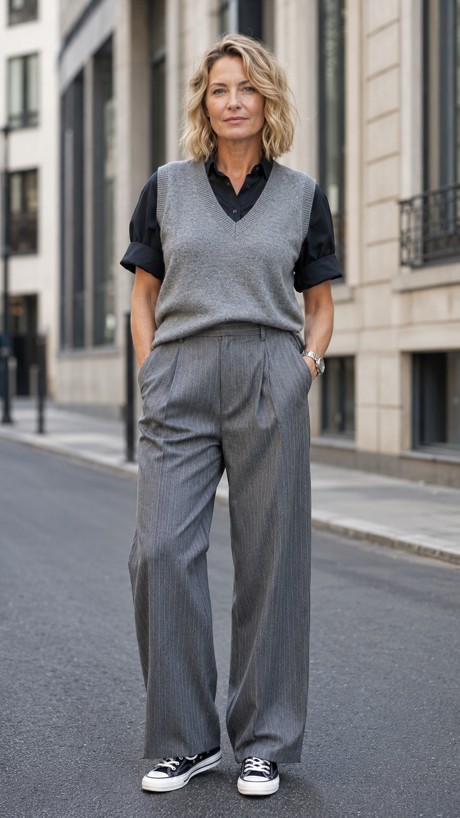 Outfit casual donna 40 anni con gilet grigio, camicia nera e pantalone palazzo gessato con sneakers