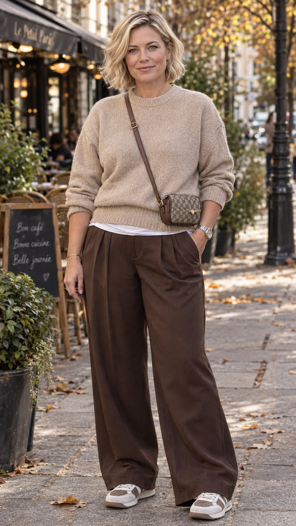 Look casual parigino donna 40 anni con maglione beige e pantalone marrone a palazzo